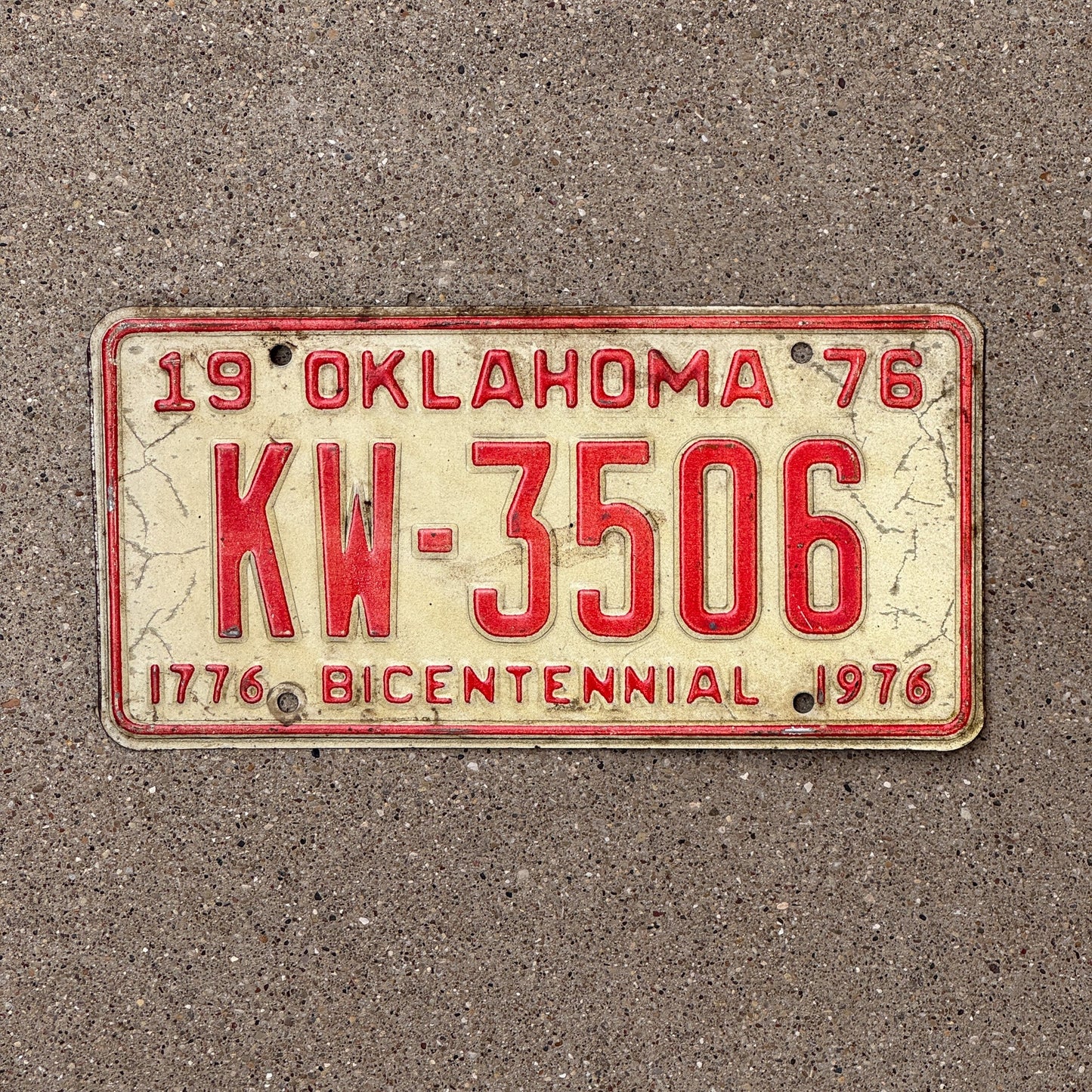 Photo of a 1976 Oklahoma License Plate Auto Tag Garage Decor Vintage Bicentennial KW 3506