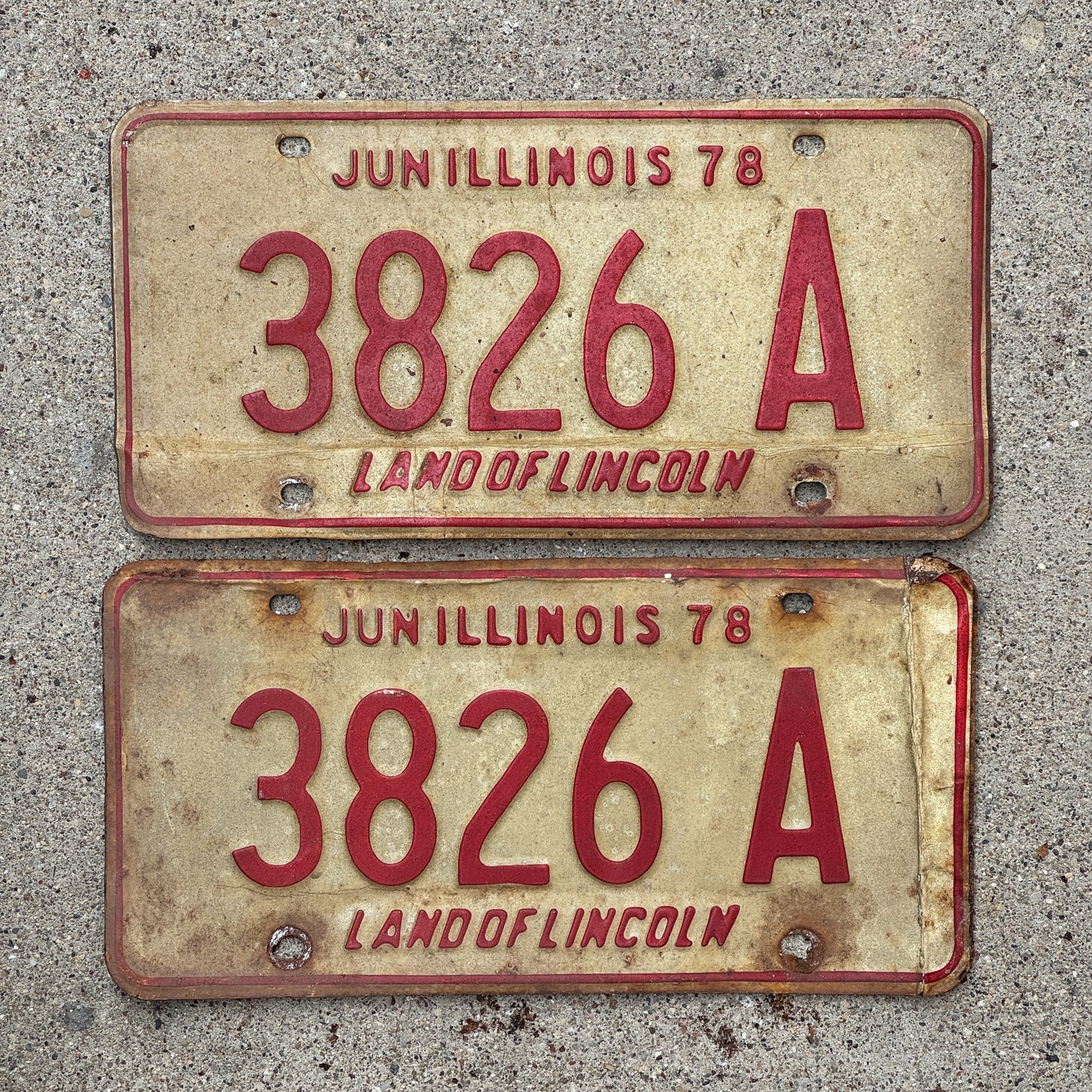 Photo of a 1977 1978 Illinois Truck License Plate Pair Auto Tag Garage Decor Vintage 3826 A with original patina