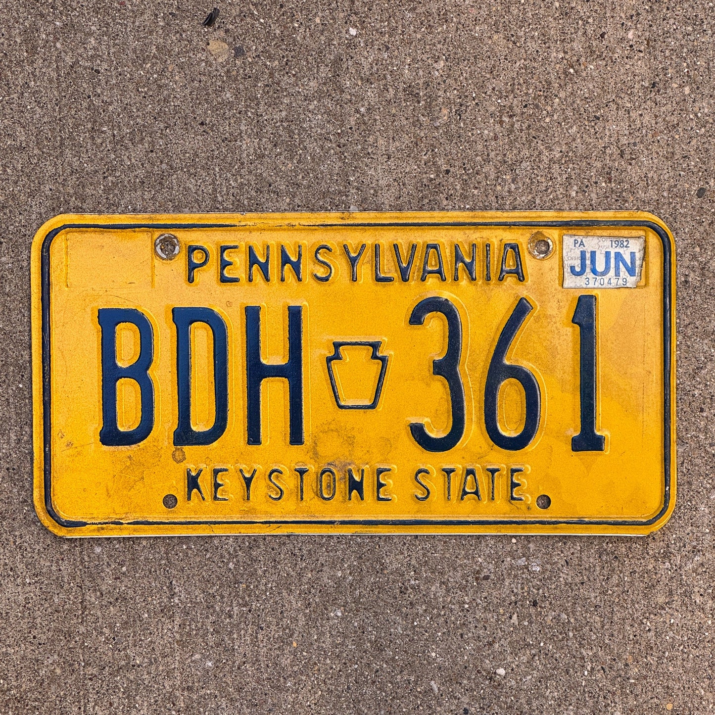 Photo of a 1977 1982 Pennsylvania License Plate Auto Tag Garage Decor Vintage BDH 361 with original patina