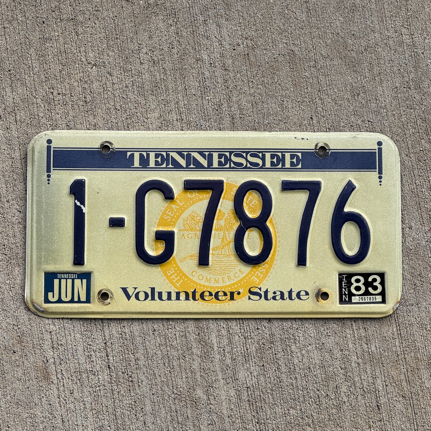 Photo of a 1977 1983 Tennessee License Plate Auto Tag Garage Decor Vintage 1 G7876 with original patina