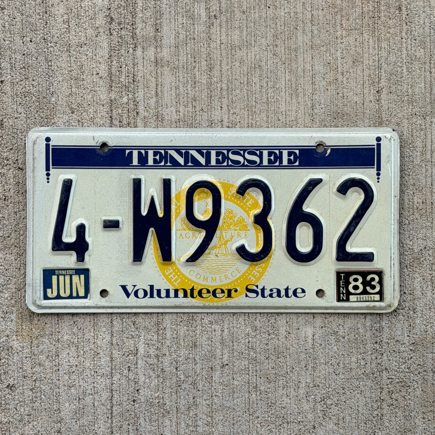 Photo of a 1977 1983 Tennessee License Plate Auto Tag Garage Decor Vintage 4 W9362 with original patina