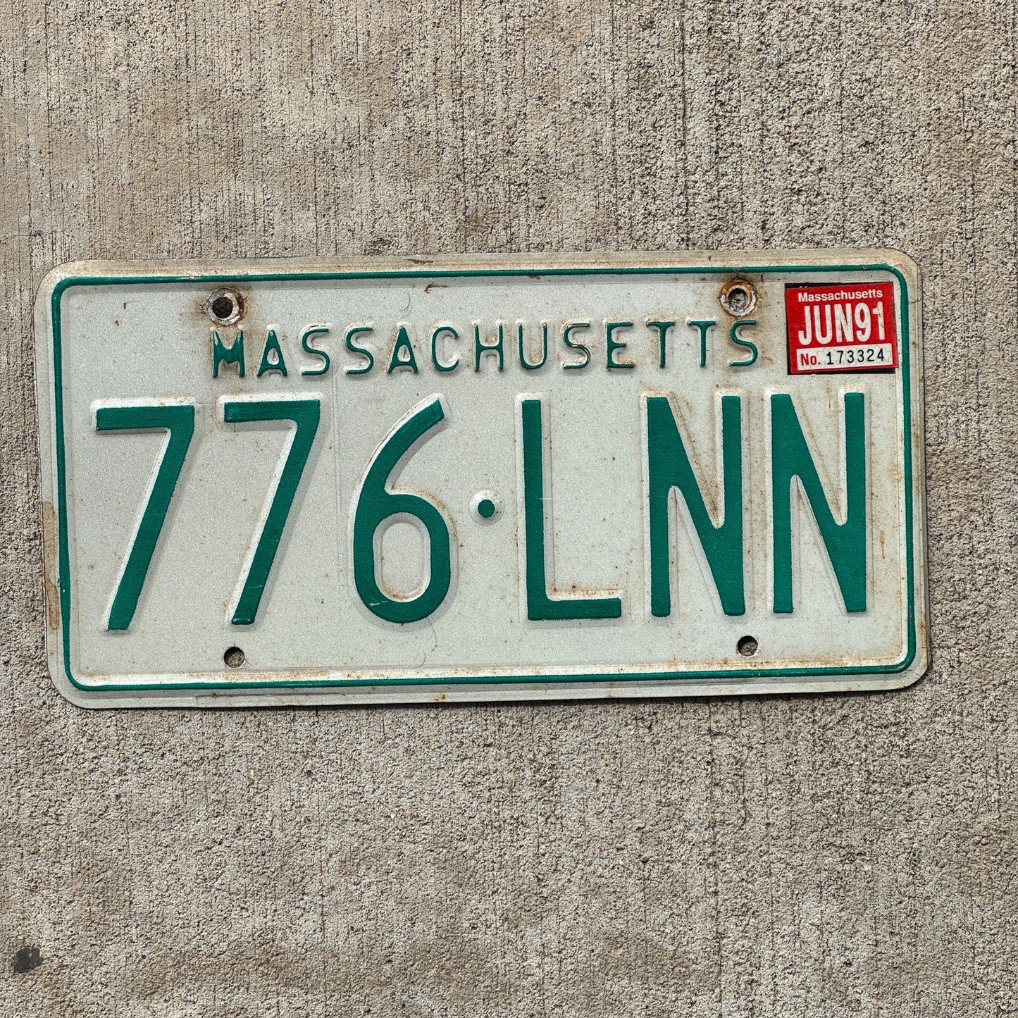 Photo of a 1977 1991 Massachusetts License Plate Auto Tag Garage Decor Vintage 776 LNN