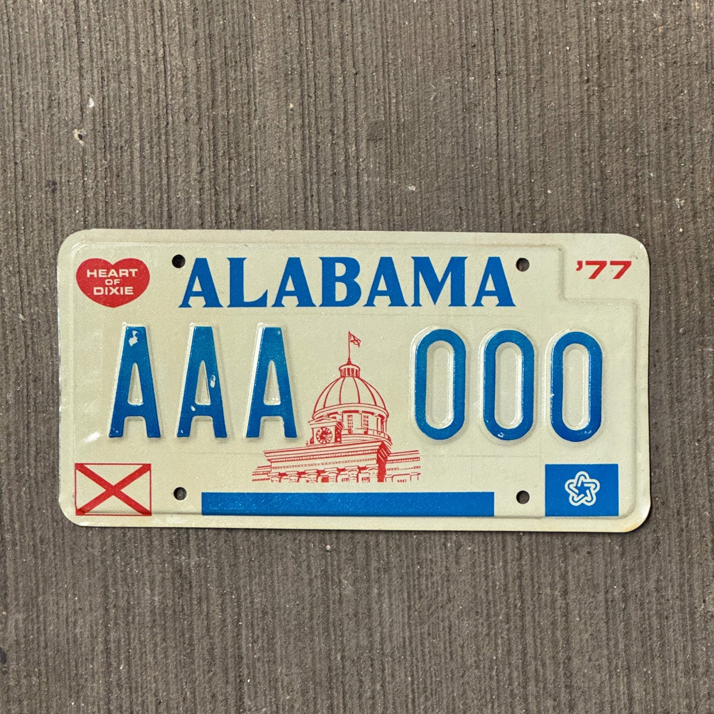 Photo of a 1977 Alabama SAMPLE License Plate Auto Tag Garage Decor Vintage AAA 000