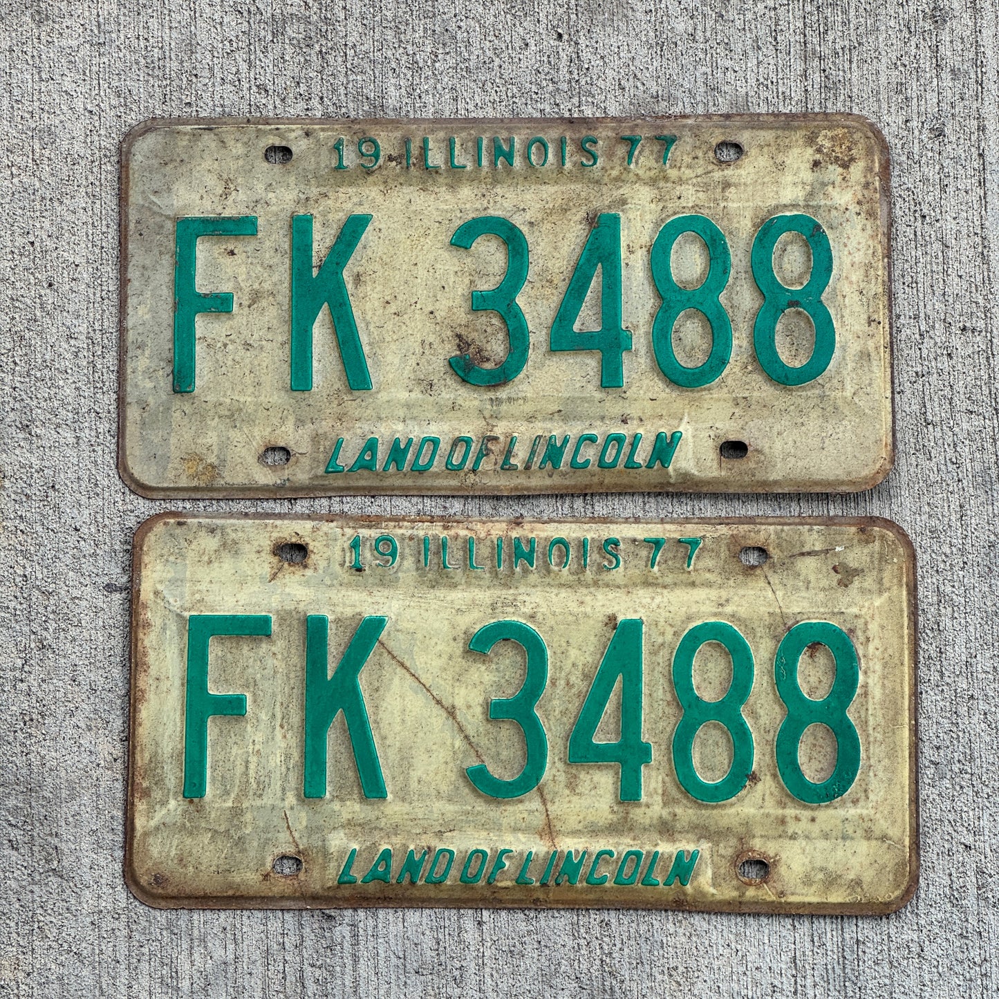 Photo of a 1977 Illinois License Plate Pair Auto Tag Garage Decor Vintage FK 3488 with original patina