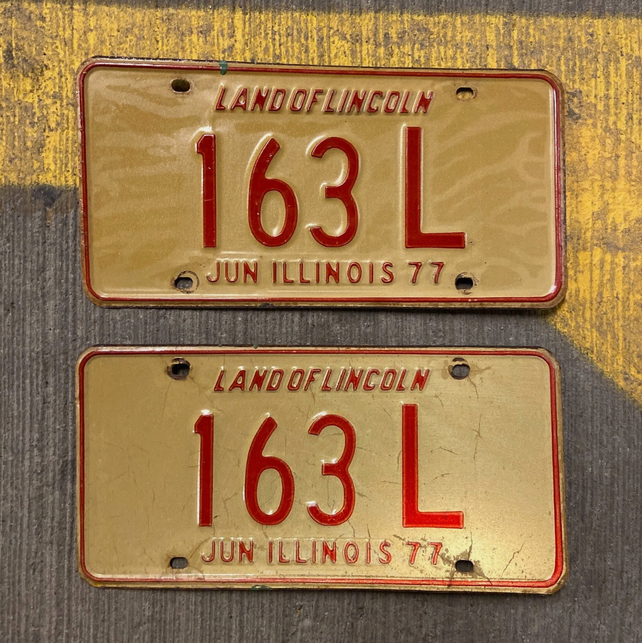 Photo of a 1977 Illinois Truck License Plate Pair Auto Tag Garage Decor Vintage 163 L with original patina