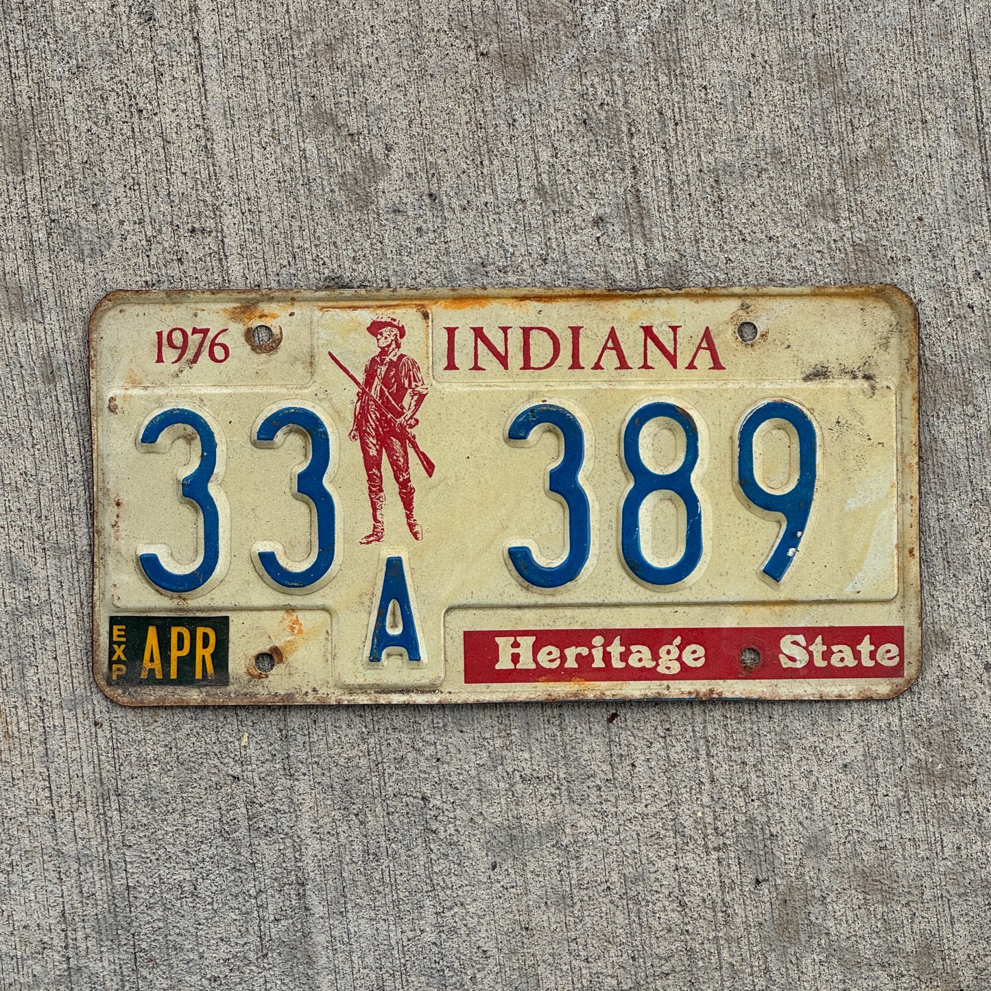 Photo of a 1977 Indiana License Plate Auto Tag Garage Decor Vintage 33 A 389 with original patina