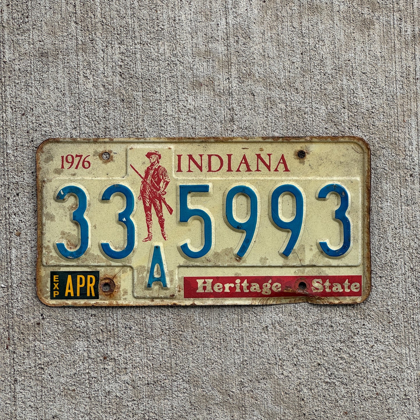 Photo of a 1977 Indiana License Plate Auto Tag Garage Decor Vintage 33 A 5993 with original patina