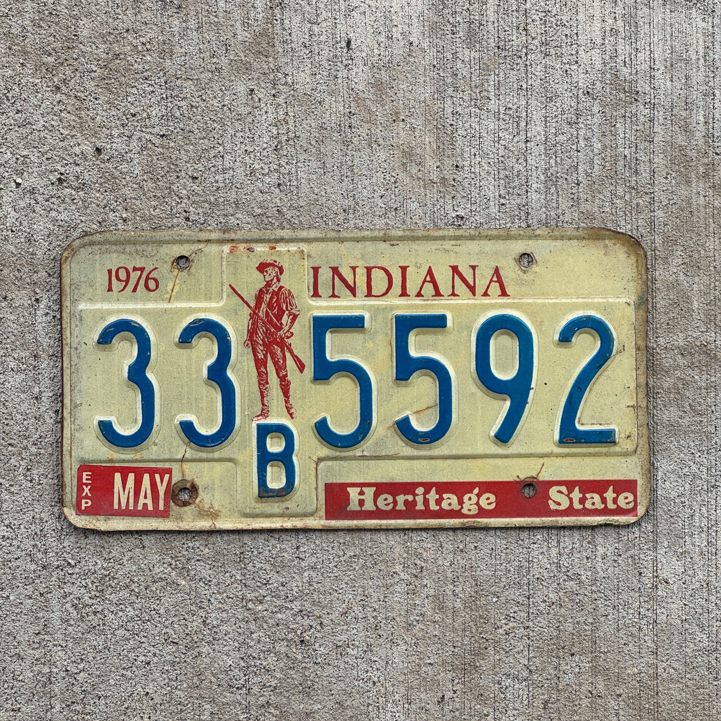 Photo of a 1977 Indiana License Plate Auto Tag Garage Decor Vintage 33 B 5592 with original patina