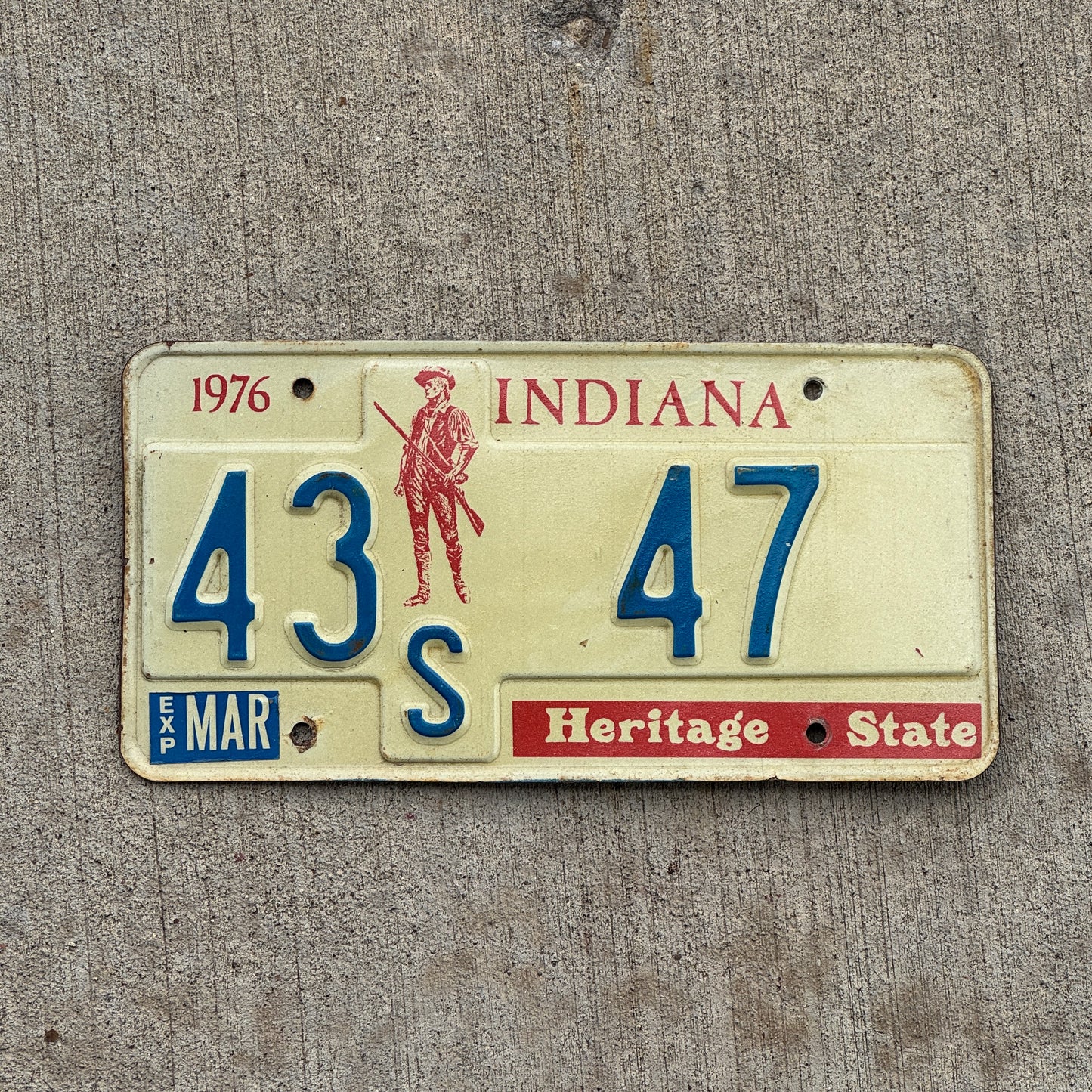 Photo of a 1977 Indiana License Plate Auto Tag Garage Decor Vintage 43 S 47 with original patina