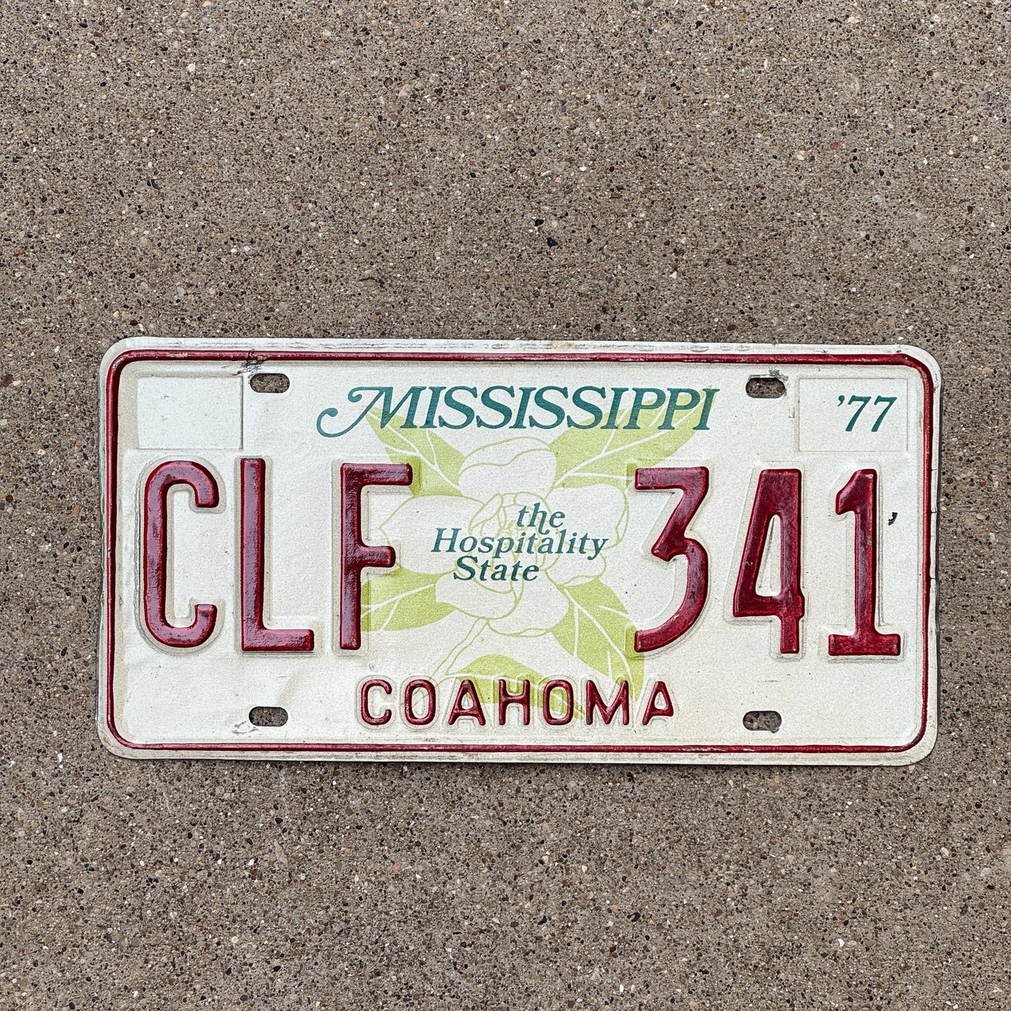 Photo of a 1977 Mississippi License Plate Auto Tag Garage Decor Vintage Coahoma County CLF 341
