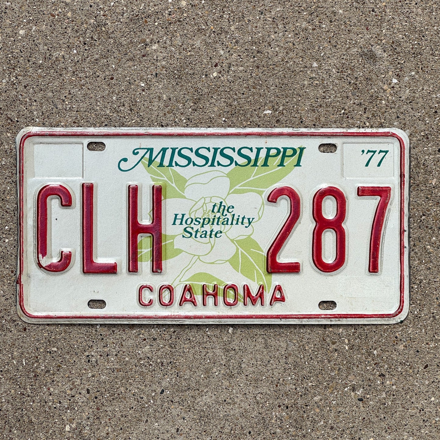Photo of a 1977 Mississippi License Plate Auto Tag Garage Decor Vintage Coahoma county CLH 287