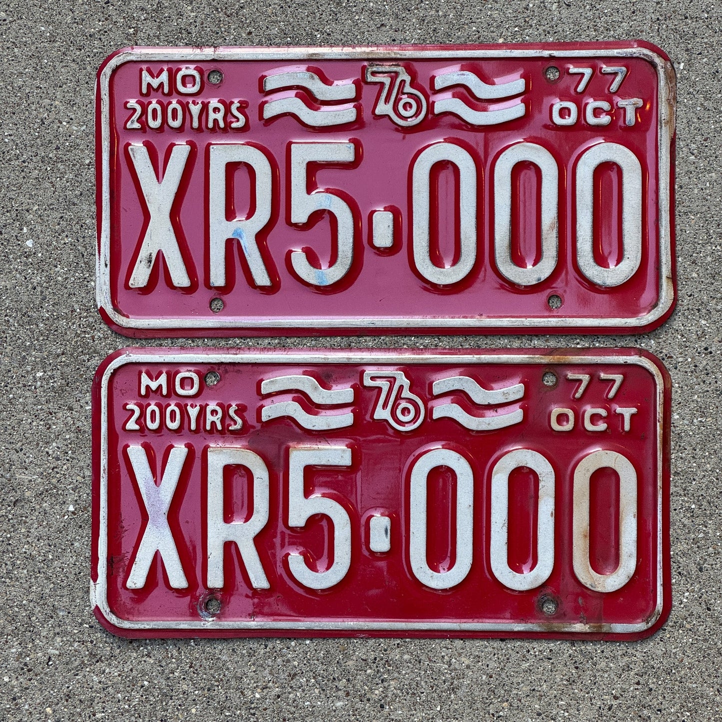 Photo of a 1977 Missouri License Plate Pair Auto Tag Garage Decor Vintage Fun Number XR 5000