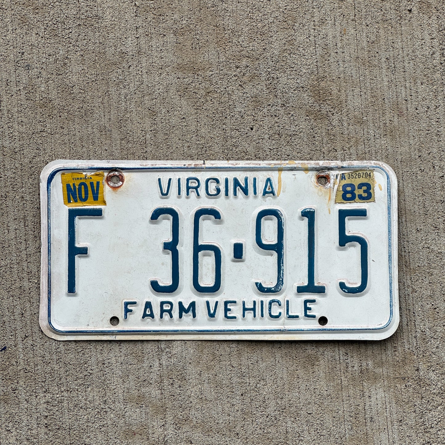 Photo of a 1978 1983 Virginia Farm License Plate Auto Tag 2 Vintage Garage F 36 915 with original patina