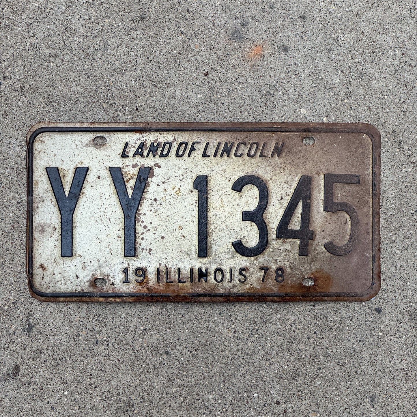 Photo of a 1978 Illinois License Plate Auto Tag 1 Vintage Garage YY 1345 with original patina