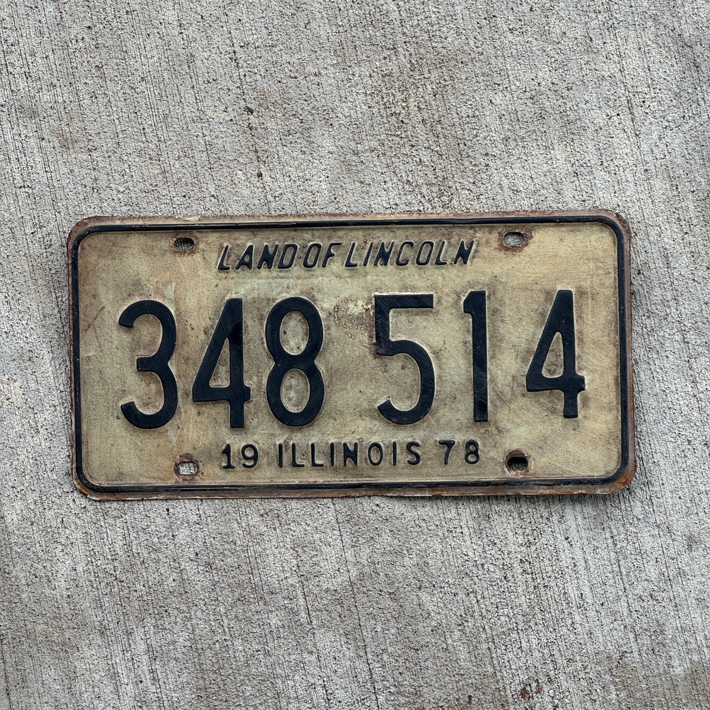 Photo of a 1978 Illinois License Plate Auto Tag 2 Vintage Garage 348 514 with original patina