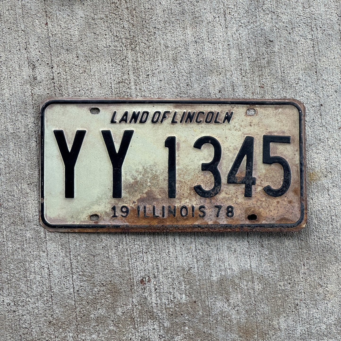 Photo of a 1978 Illinois License Plate Auto Tag 2 Vintage Garage YY 1345 with original patina