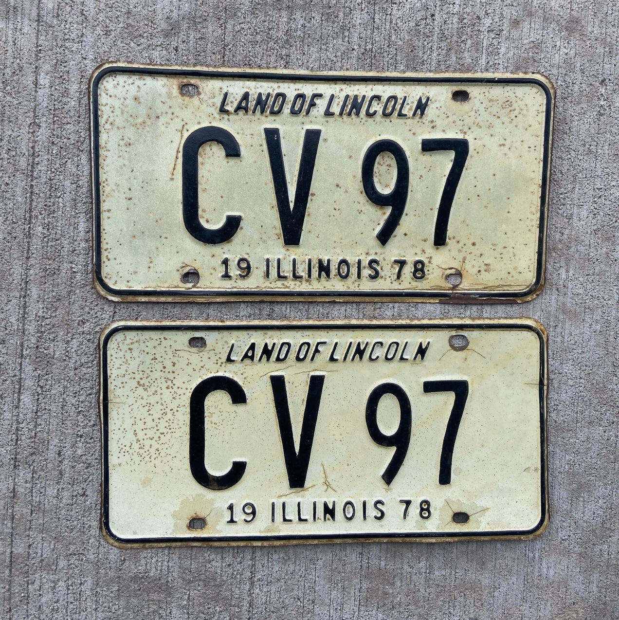 Photo of a 1978 Illinois License Plate Pair Auto Tag Garage Decor Vintage CV 97 with original patina