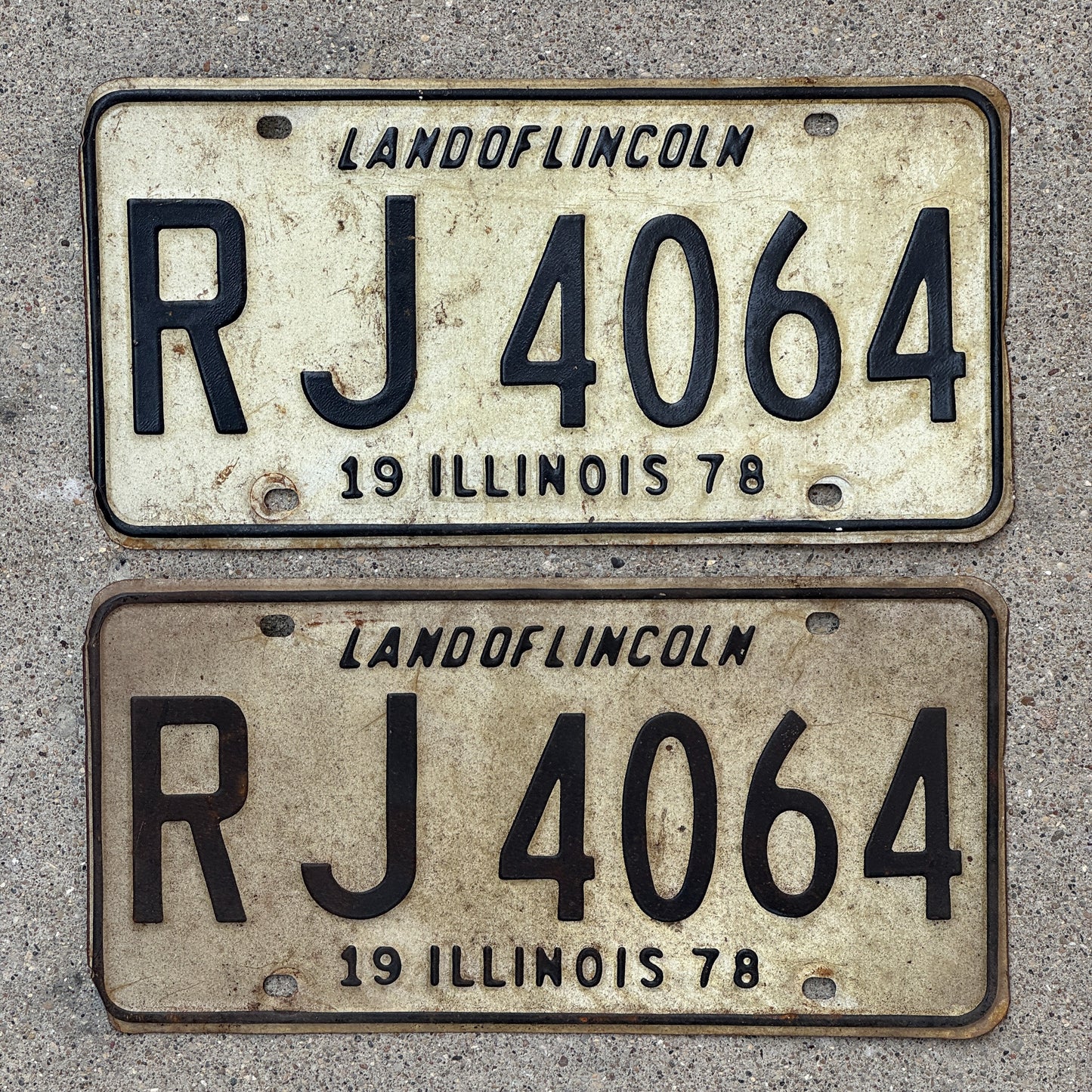 Photo of a 1978 Illinois License Plate Pair Auto Tag Garage Decor Vintage RJ 4064 with original patina