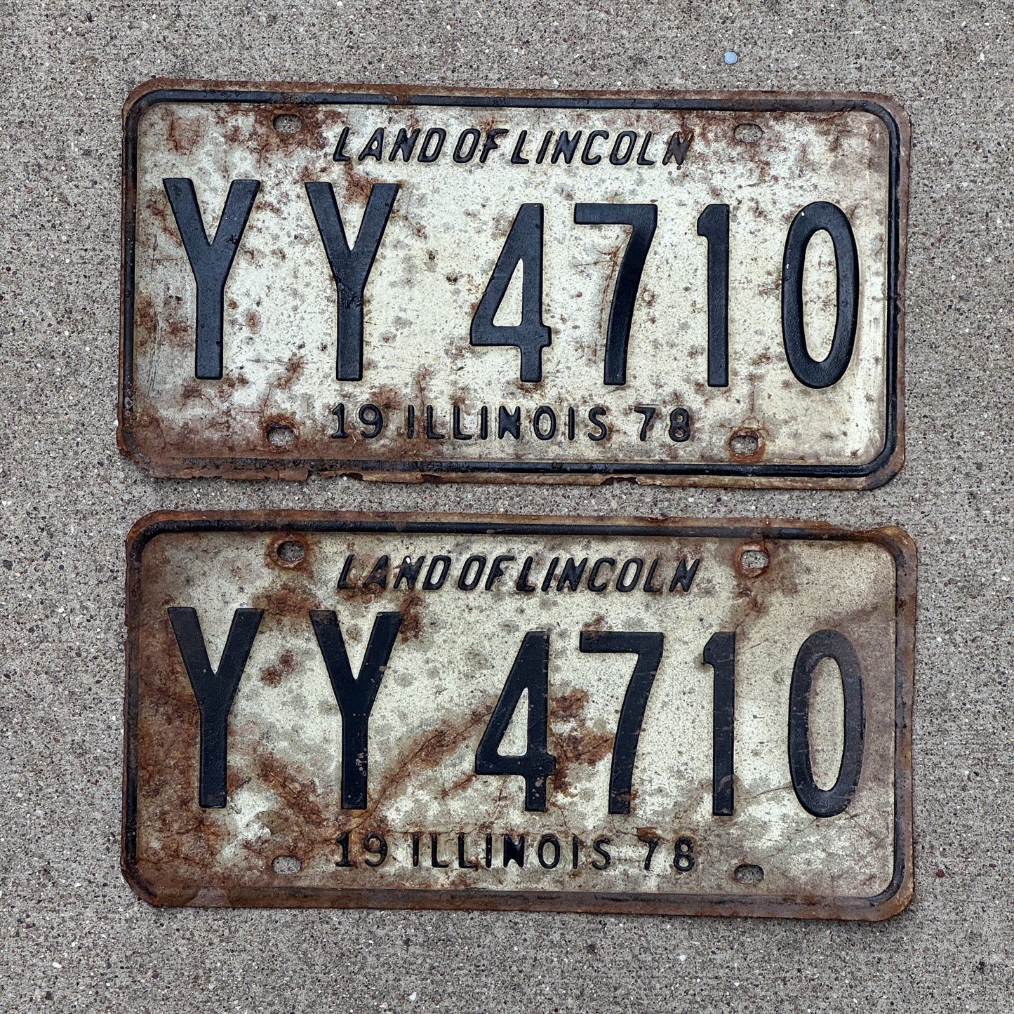 Photo of a 1978 Illinois License Plate Pair Auto Tag Garage Decor Vintage YY 4710 with original patina