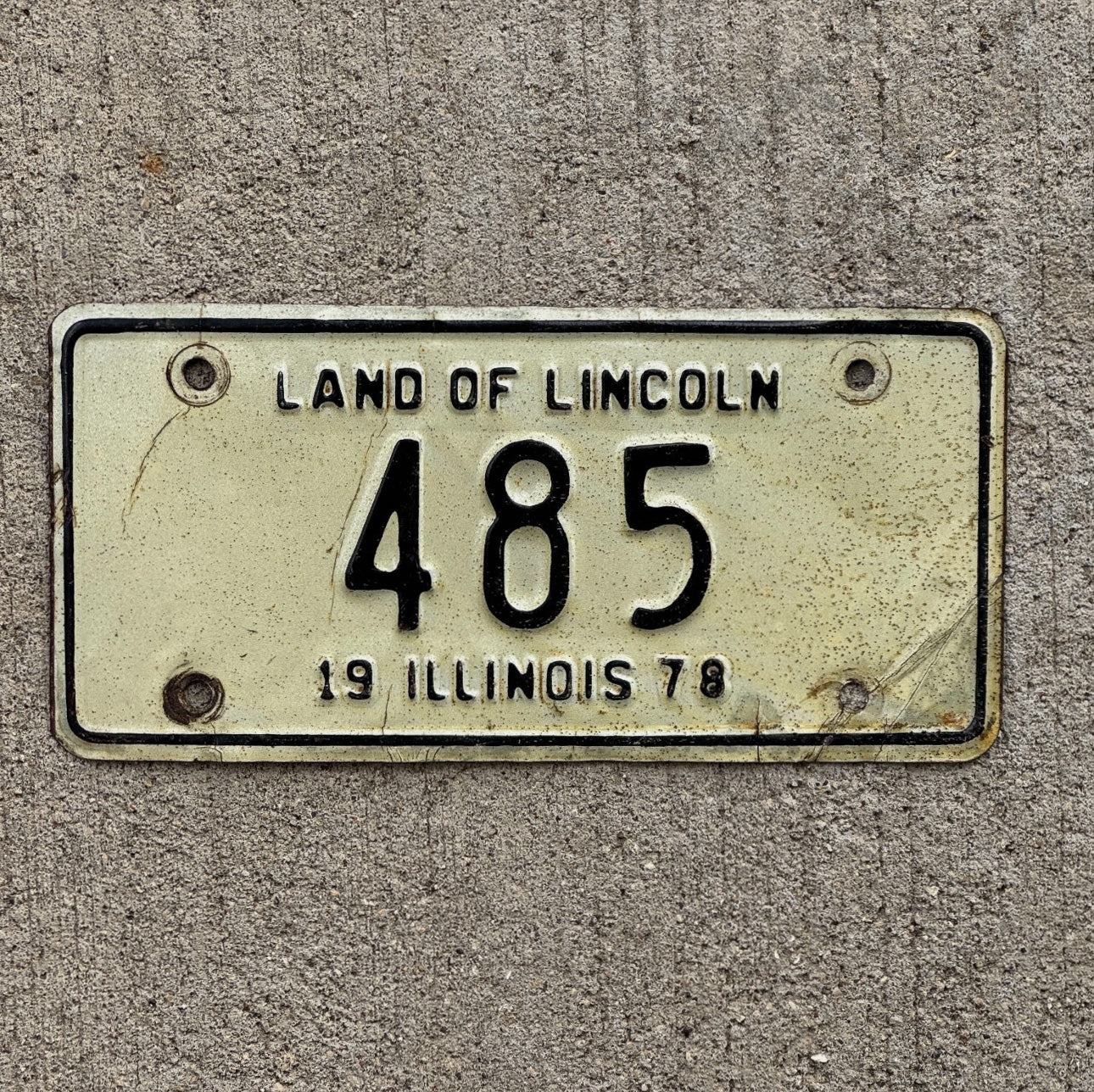 Photo of a 1978 Illinois Motorcycle License Plate Auto Tag Garage Decor Vintage Low Number Three Digit 485 with original patina