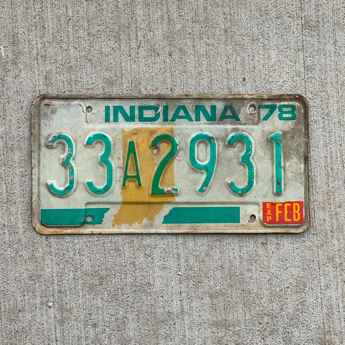 Photo of a 1978 Indiana License Plate Auto Tag Garage Decor Vintage 33 A 2931 with original patina