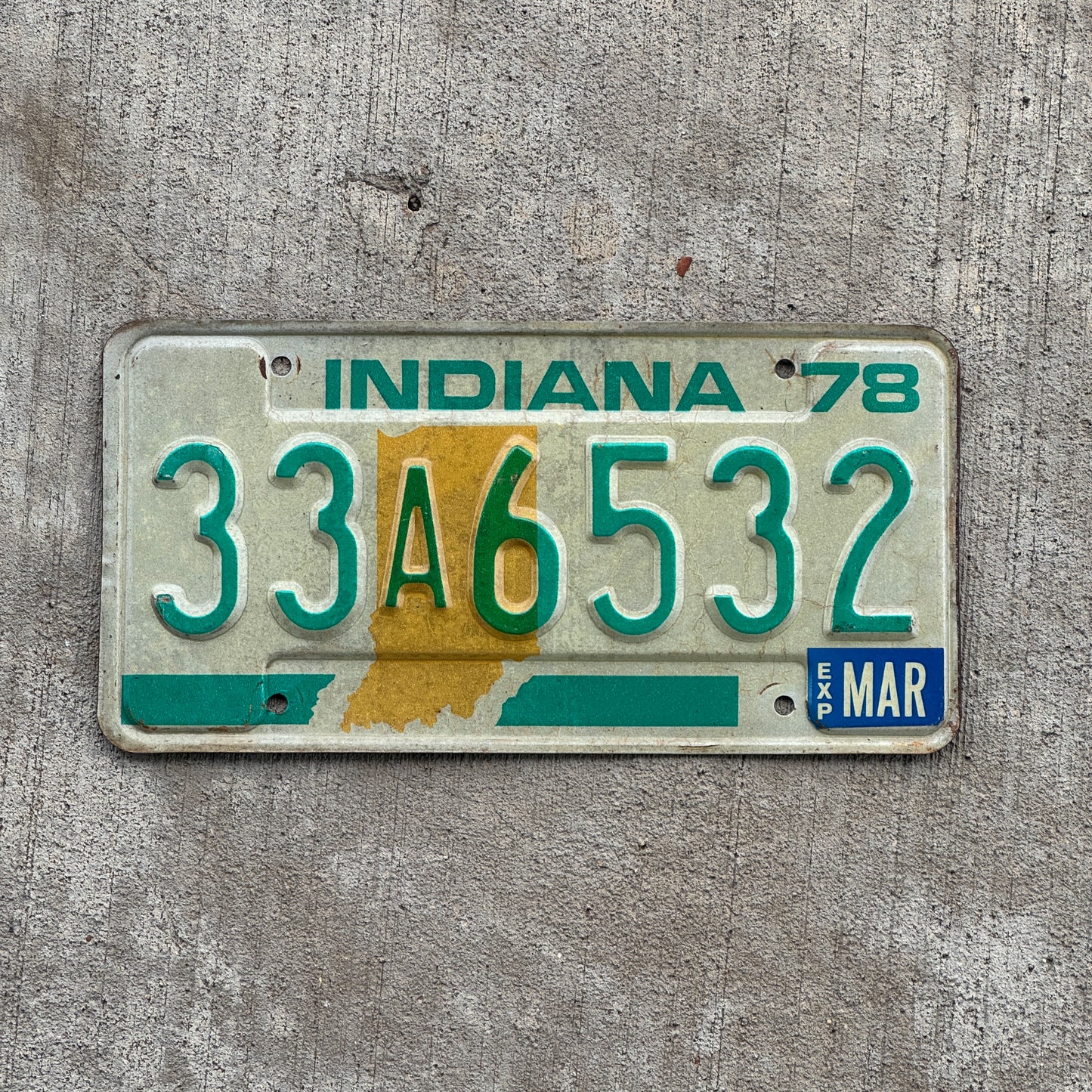 Photo of a 1978 Indiana License Plate Auto Tag Garage Decor Vintage 33 A 6532 with original patina