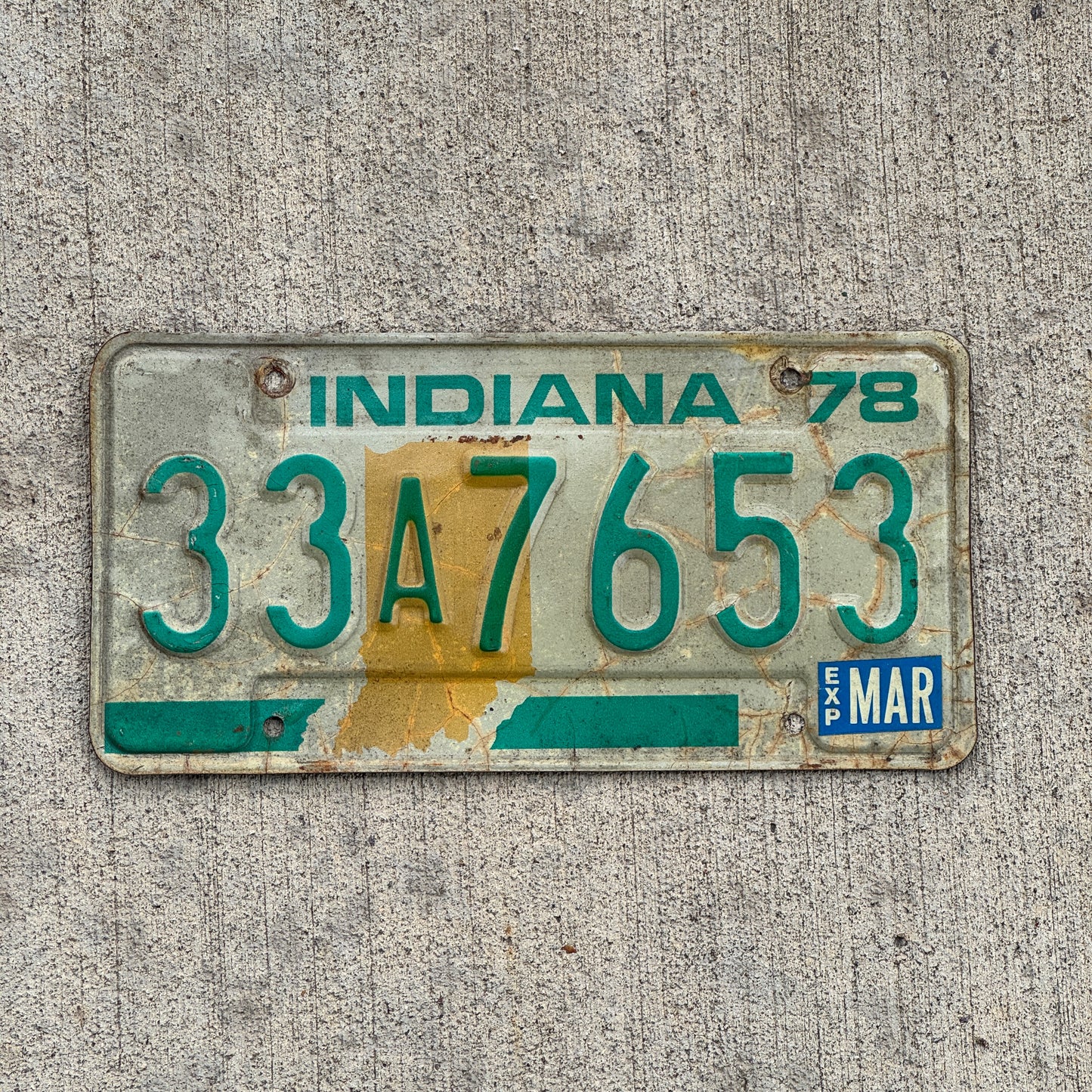 Photo of a 1978 Indiana License Plate Auto Tag Garage Decor Vintage 33 A 7653 with original patina