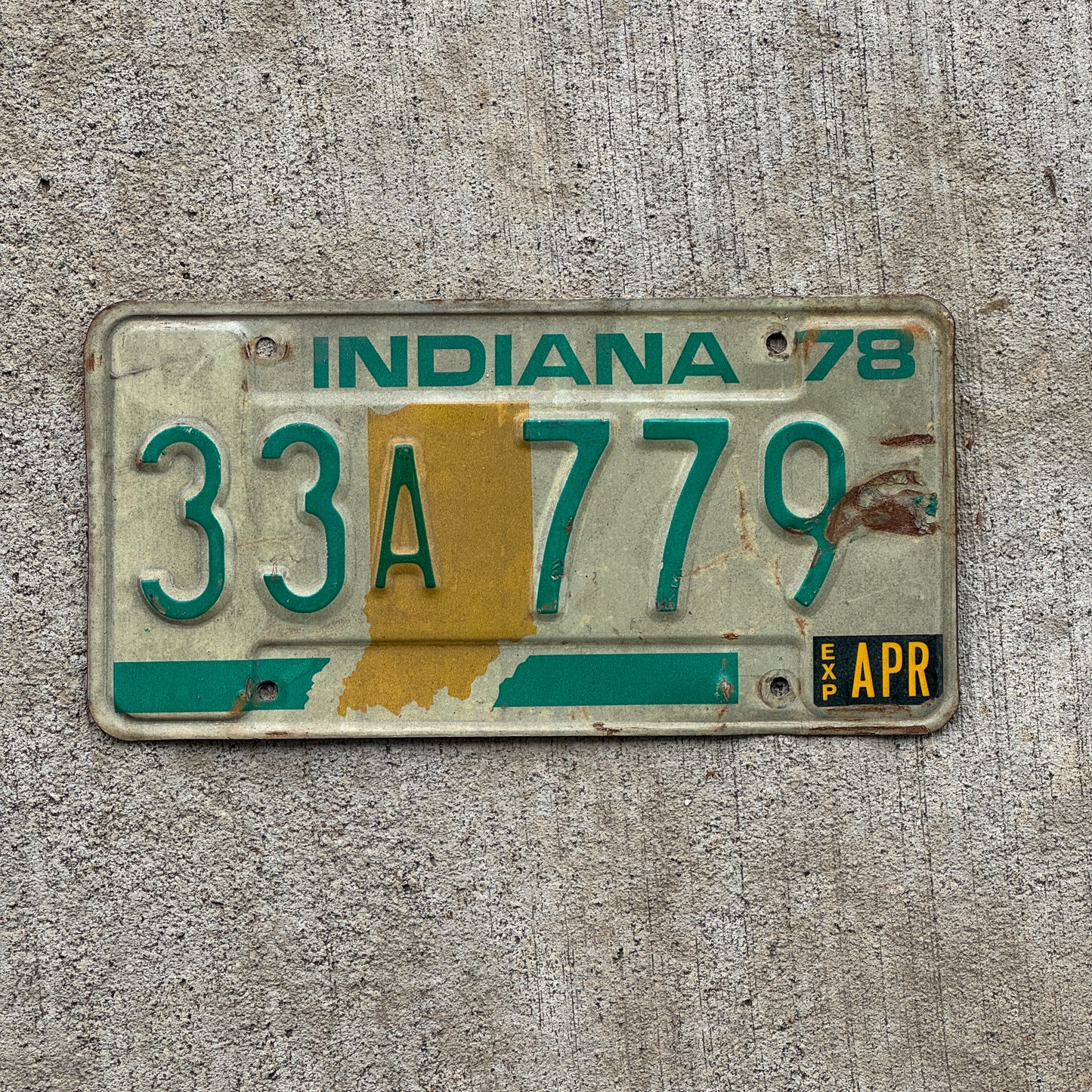 Photo of a 1978 Indiana License Plate Auto Tag Garage Decor Vintage 33 A 779 with original patina