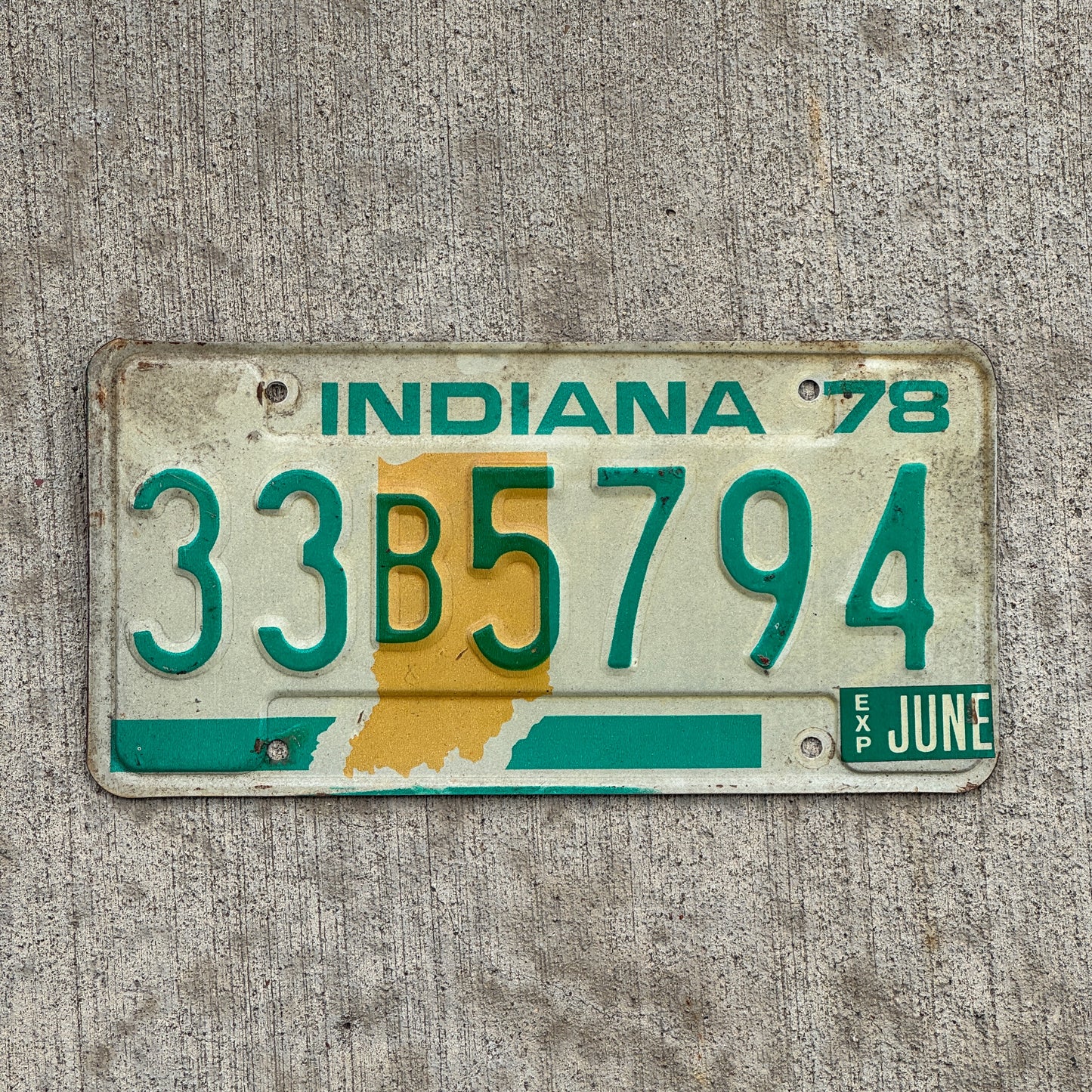 Photo of a 1978 Indiana License Plate Auto Tag Garage Decor Vintage 33 B 5794 with original patina