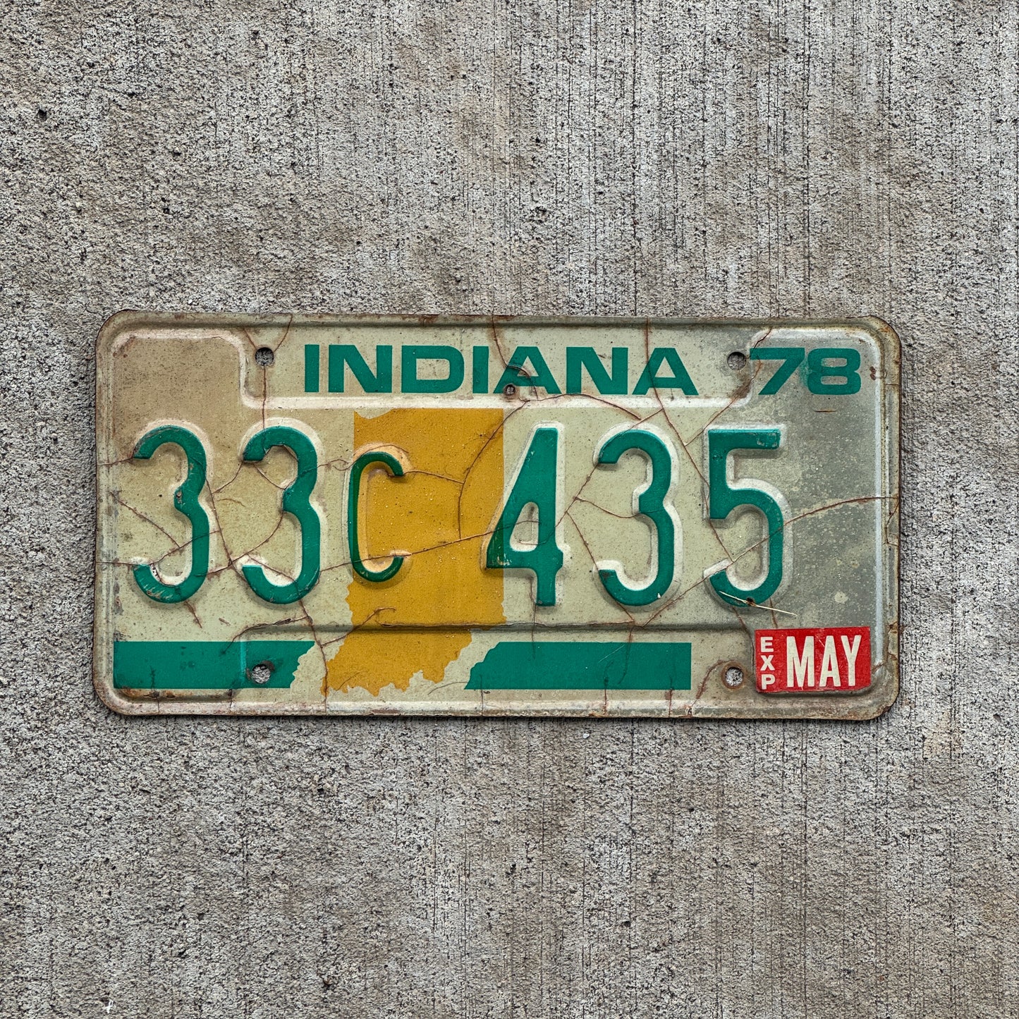 Photo of a 1978 Indiana License Plate Auto Tag Garage Decor Vintage 33 C 435 with original patina