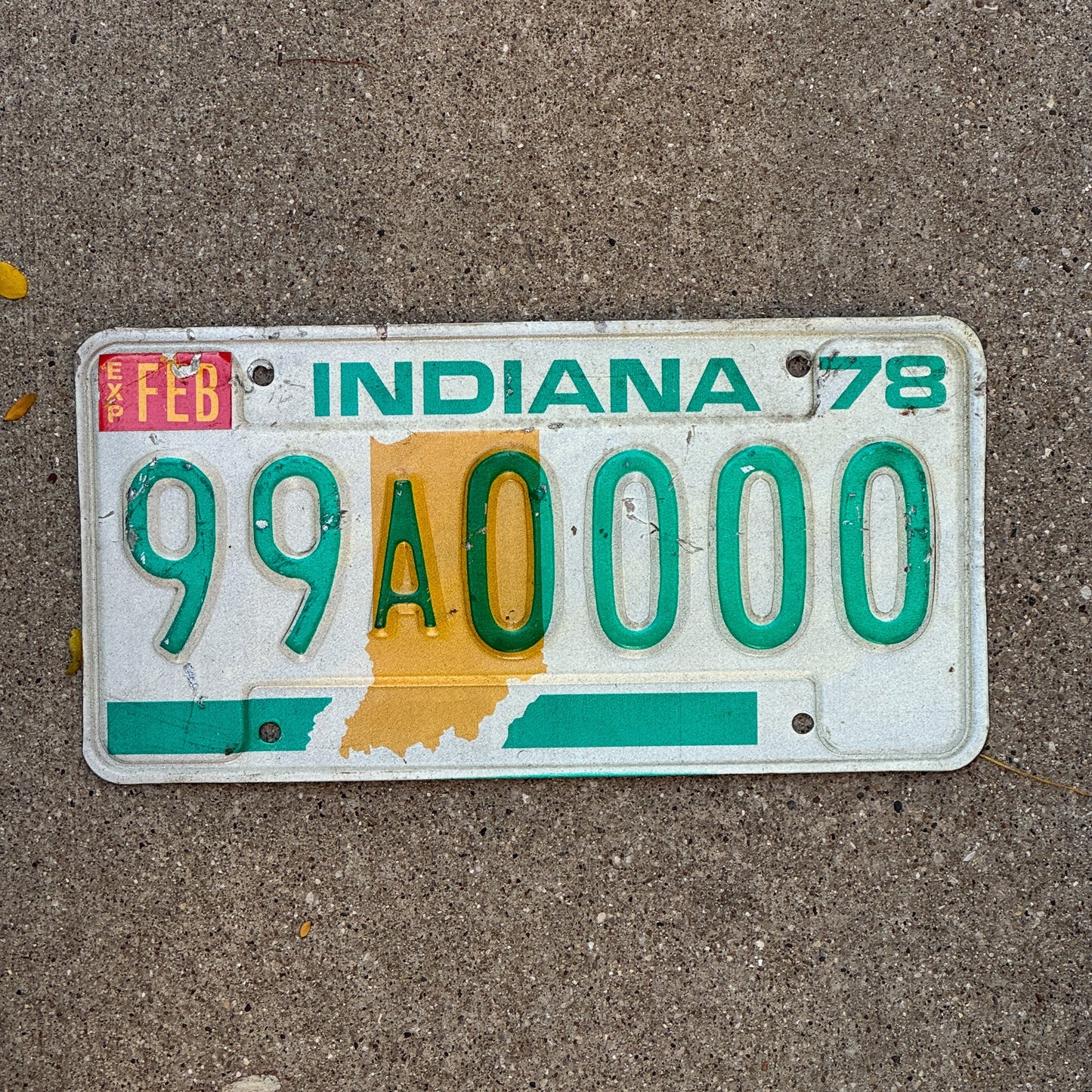 Photo of a 1978 Indiana Sample License Plate Auto Tag 2 Garage Decor 99A0000 with original patina