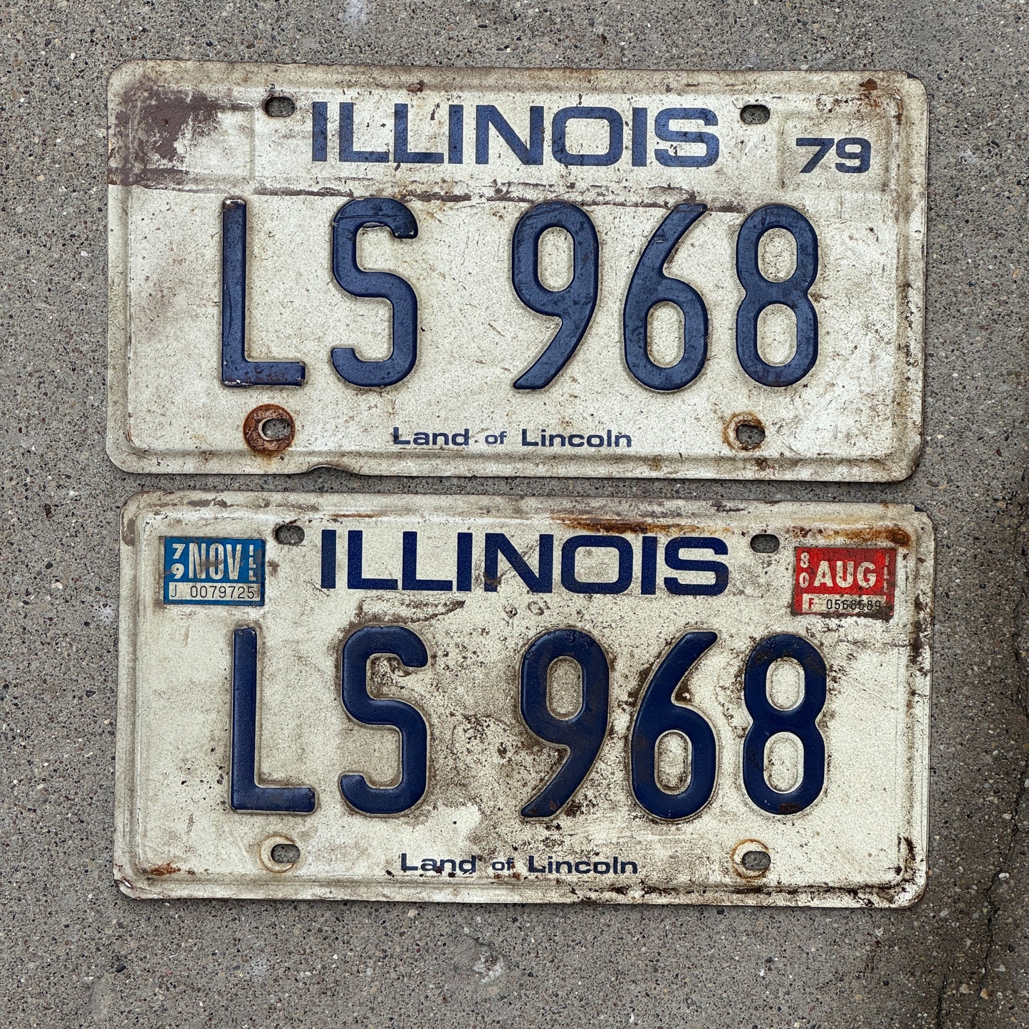Photo of a 1979 1980 Illinois License Plate Pair Auto Tag Garage Decor Vintage LS 968 with original patina