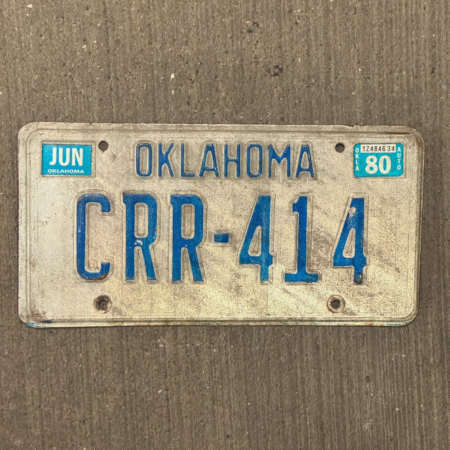 Photo of a 1979 1980 Oklahoma License Plate Auto Tag Garage Decor Vintage CRR 414 with original patina