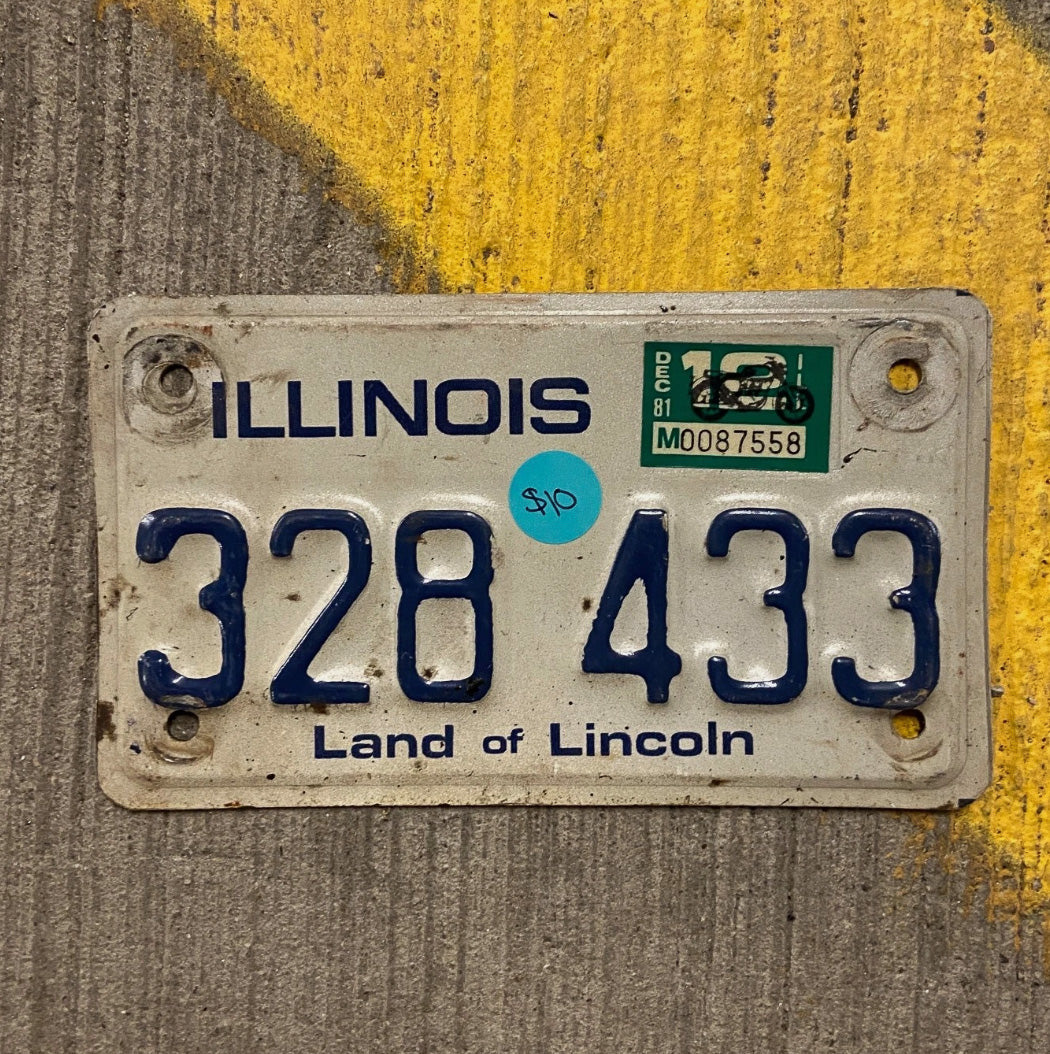 Photo of a 1979 1981 Illinois Motorcycle License Plate Auto Tag Garage Decor 328 433
