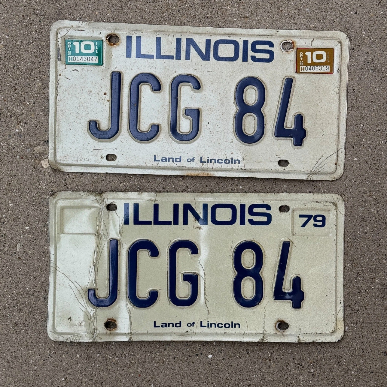 Photo of a 1979 1982 Illinois License Plate Pair Auto Tag Garage Decor Vintage JCG 84