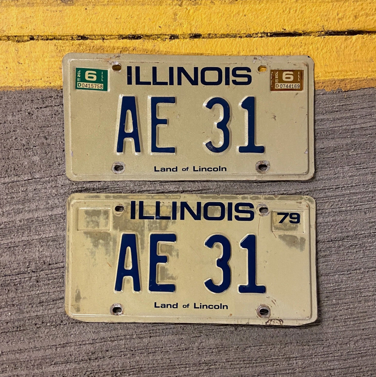Photo of a 1979 1982 Illinois Vanity License Plate Pair Auto Tag Garage Decor Vintage AE 31 with original patina