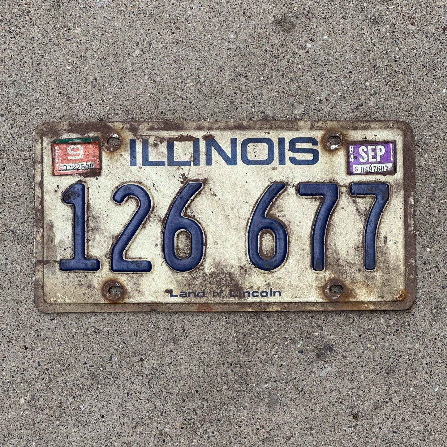 Photo of a 1979 1984 Illinois License Plate Auto Tag Garage Decor Vintage 126 677 with original patina