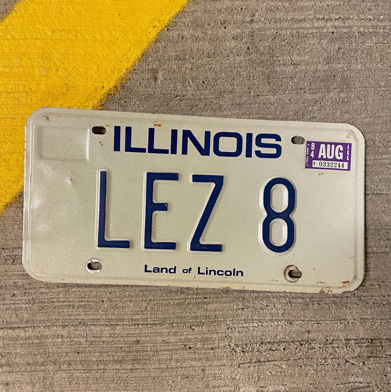 Photo of a 1979 1984 Illinois Vanity License Plate Auto Tag Garage Decor Vintage LEZ 8 with original patina