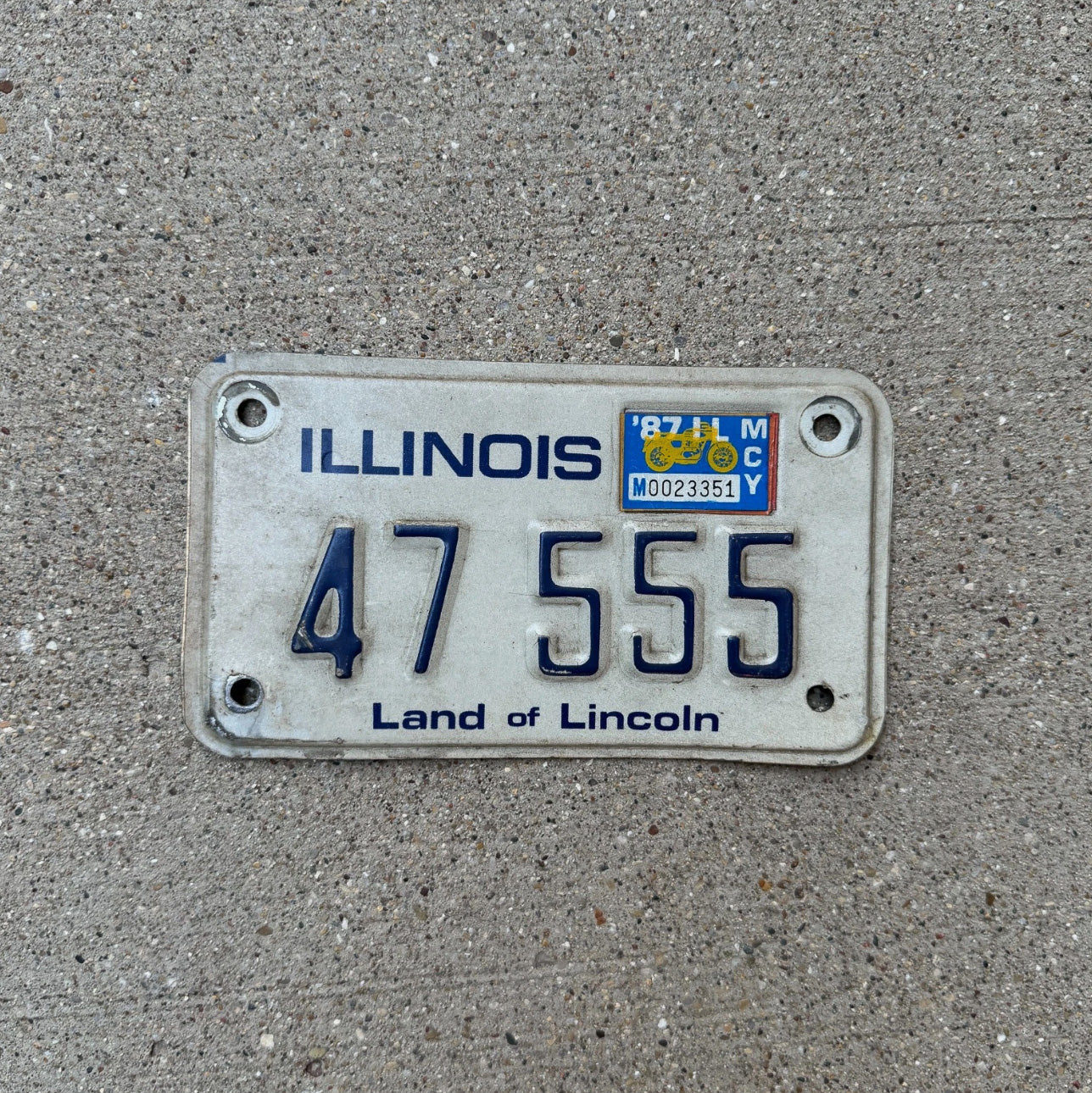 Photo of a 1979 1987 Illinois Motorcycle License Plate Auto Tag Garage Decor Vintage Bike 47 555