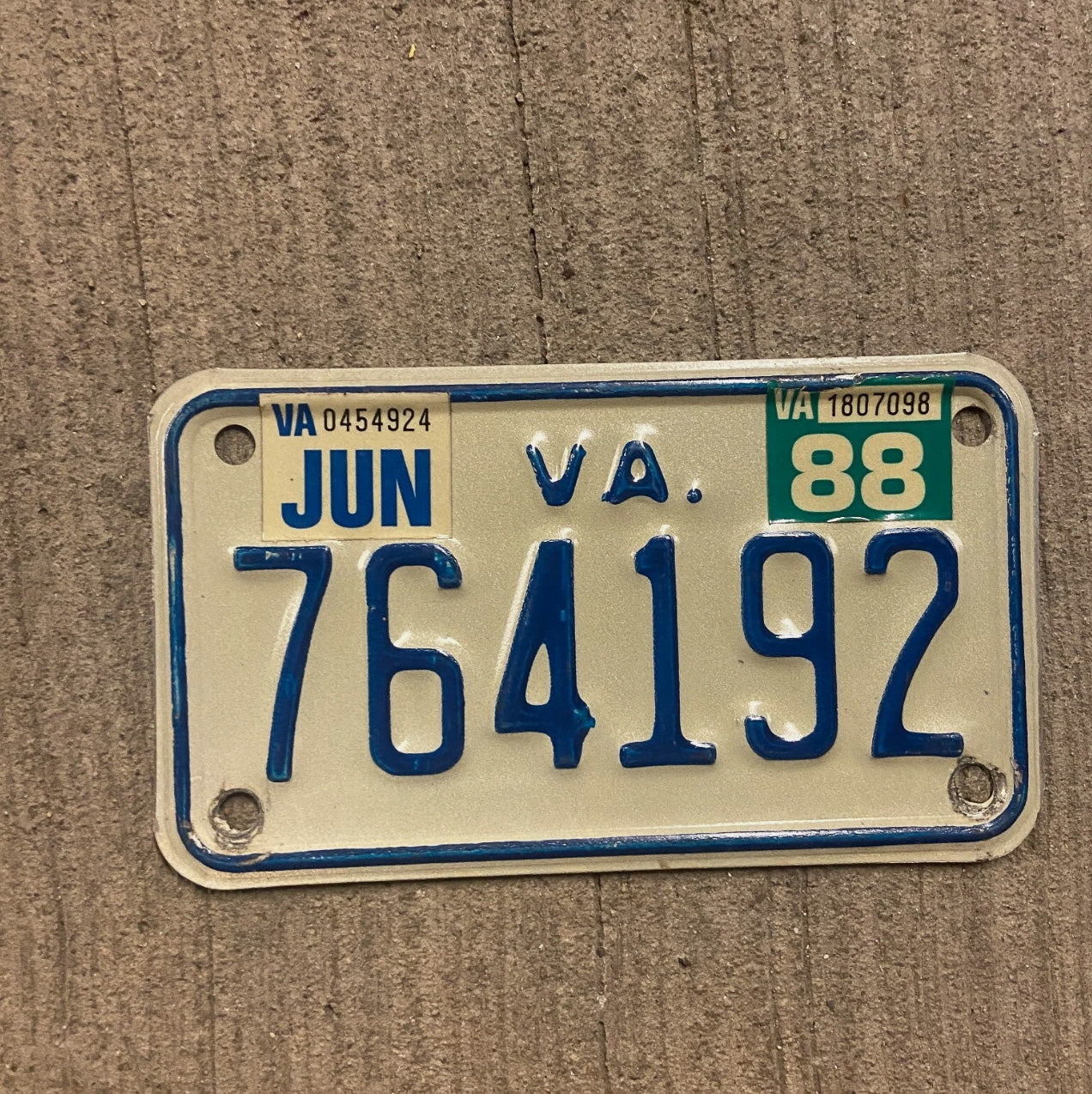 Photo of a 1979 1988 Virginia Motorcycle License Plate Auto Tag Garage Decor Vintage 764192 with original patina