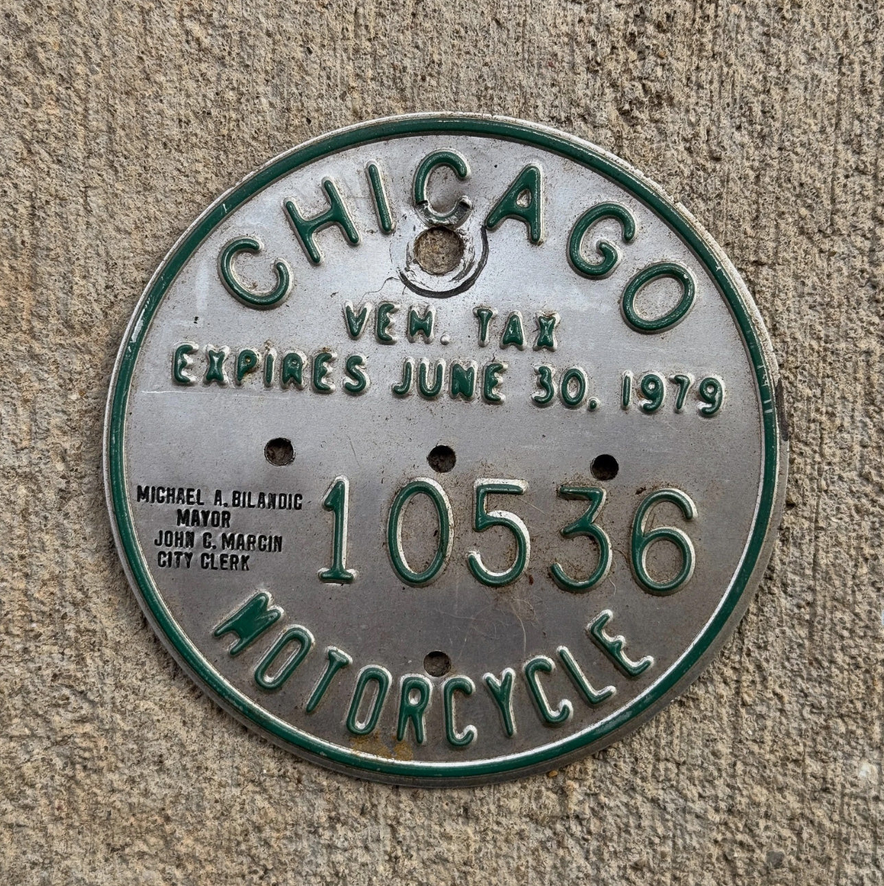 Photo of a 1979 Chicago MOTORCYCLE Tax Tag Disc Disk Medallion Auto Tag Garage Decor Vintage 10536