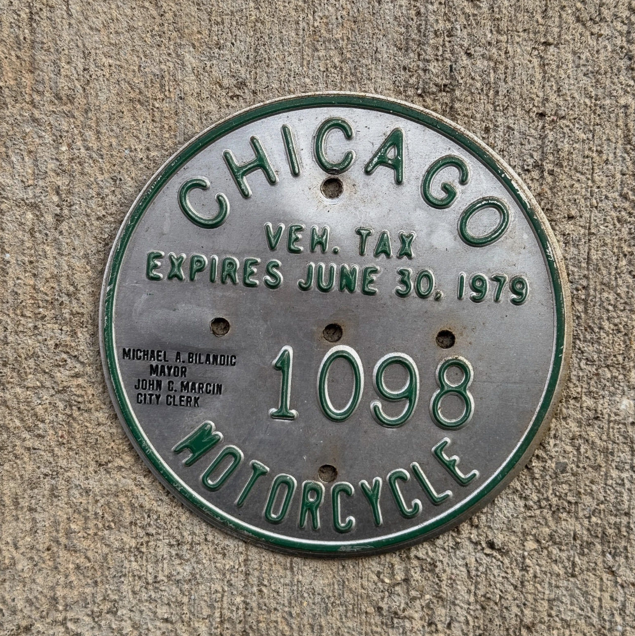 Photo of a 1979 Chicago MOTORCYCLE Tax Tag Disc Disk Medallion Auto Tag Garage Decor Vintage 1098