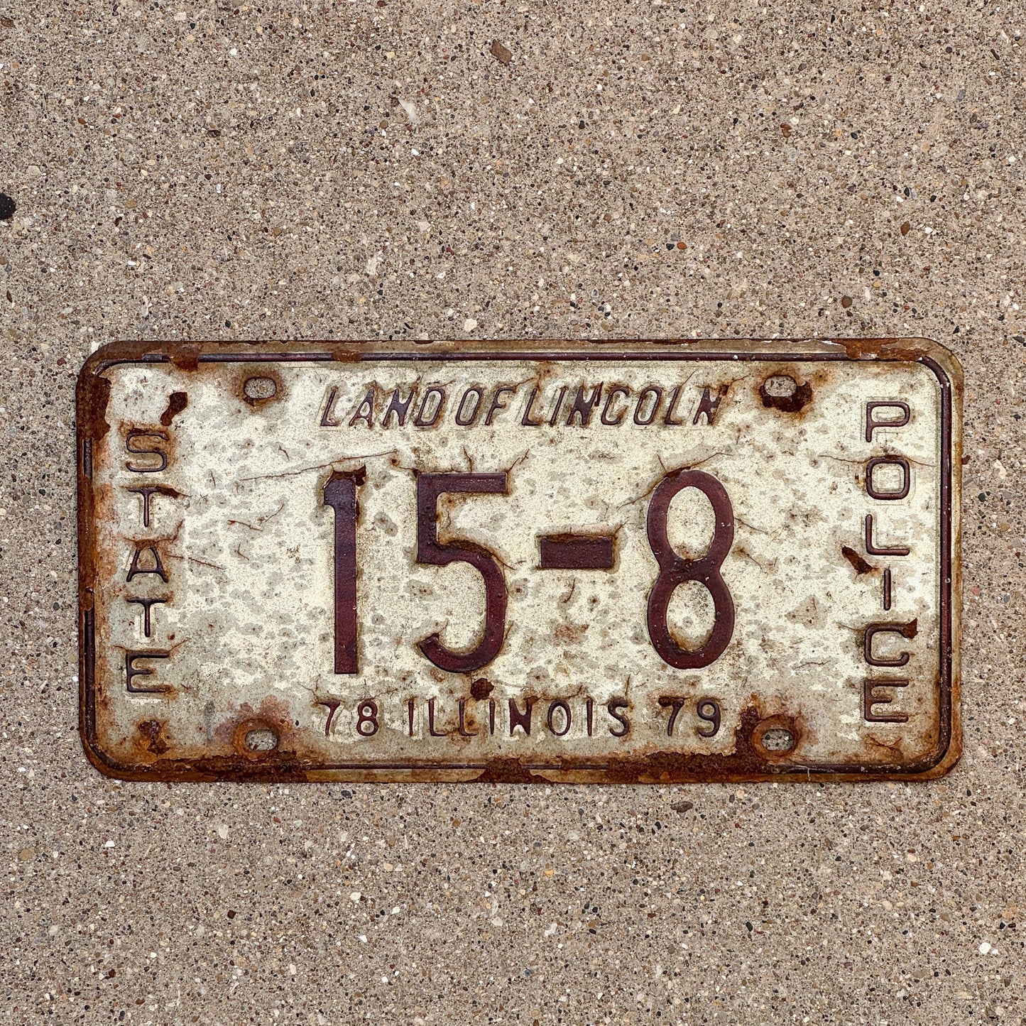 Photo of a 1979 Illinois State Police License Plate Auto Tag Garage Decor Vintage Patrol Cop Trooper 15 8 with original patina