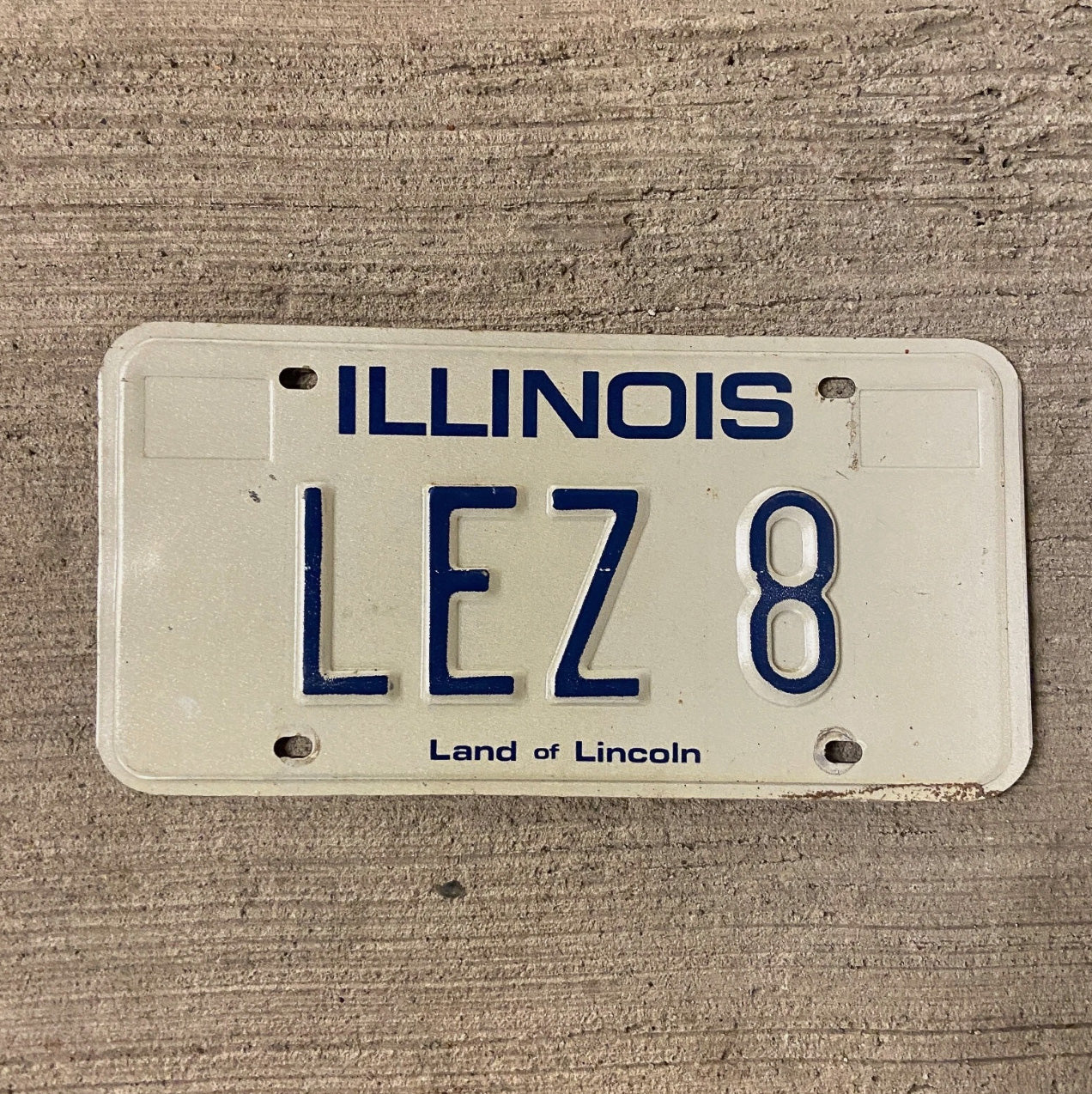 Photo of a 1979 Illinois Vanity License Plate Auto Tag Garage Decor Vintage LEZ 8 with original patina