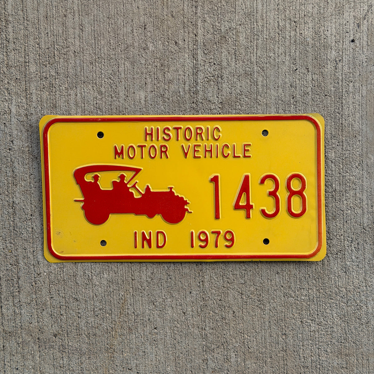 Photo of a 1979 Indiana Historic Vehicle License Plate Auto Tag Garage Decor Vintage 1438 with original patina