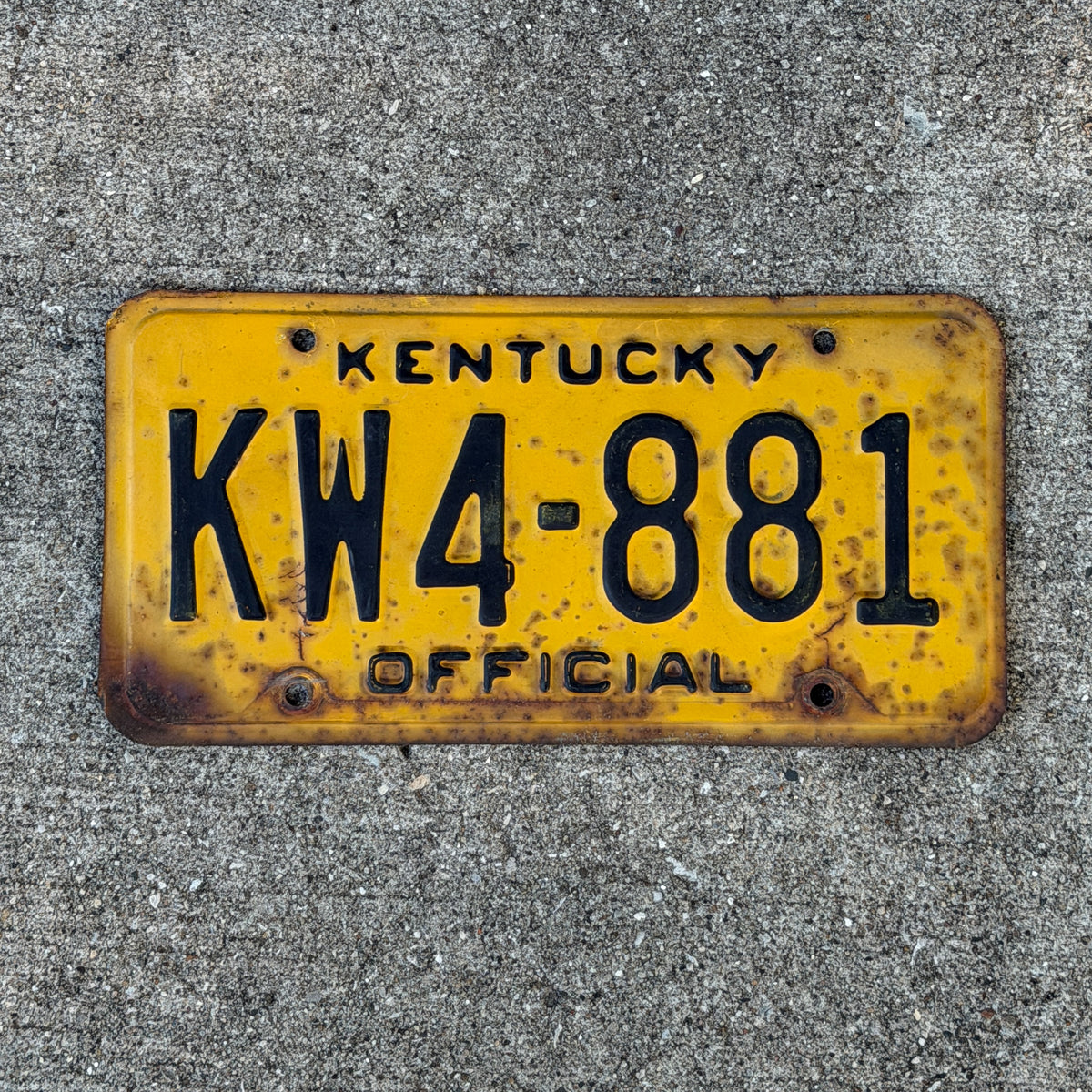 Photo of a 1979 Kentucky Official License Plate Auto Tag Garage Decor Vintage KW 4 881 with original patina