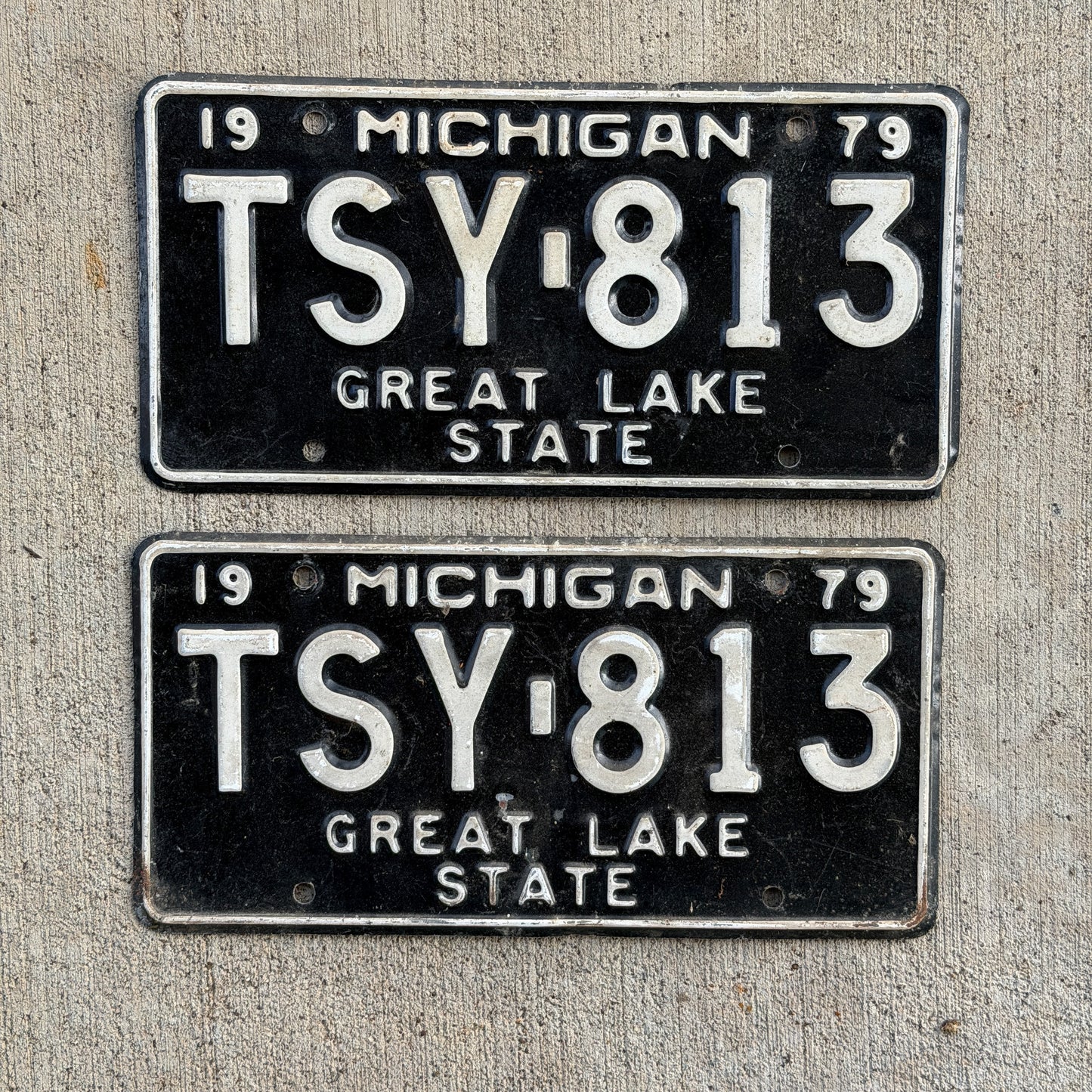 Photo of a 1979 Michigan License Plate Pair Auto Tag Garage Decor Vintage TSY 813 with original patina