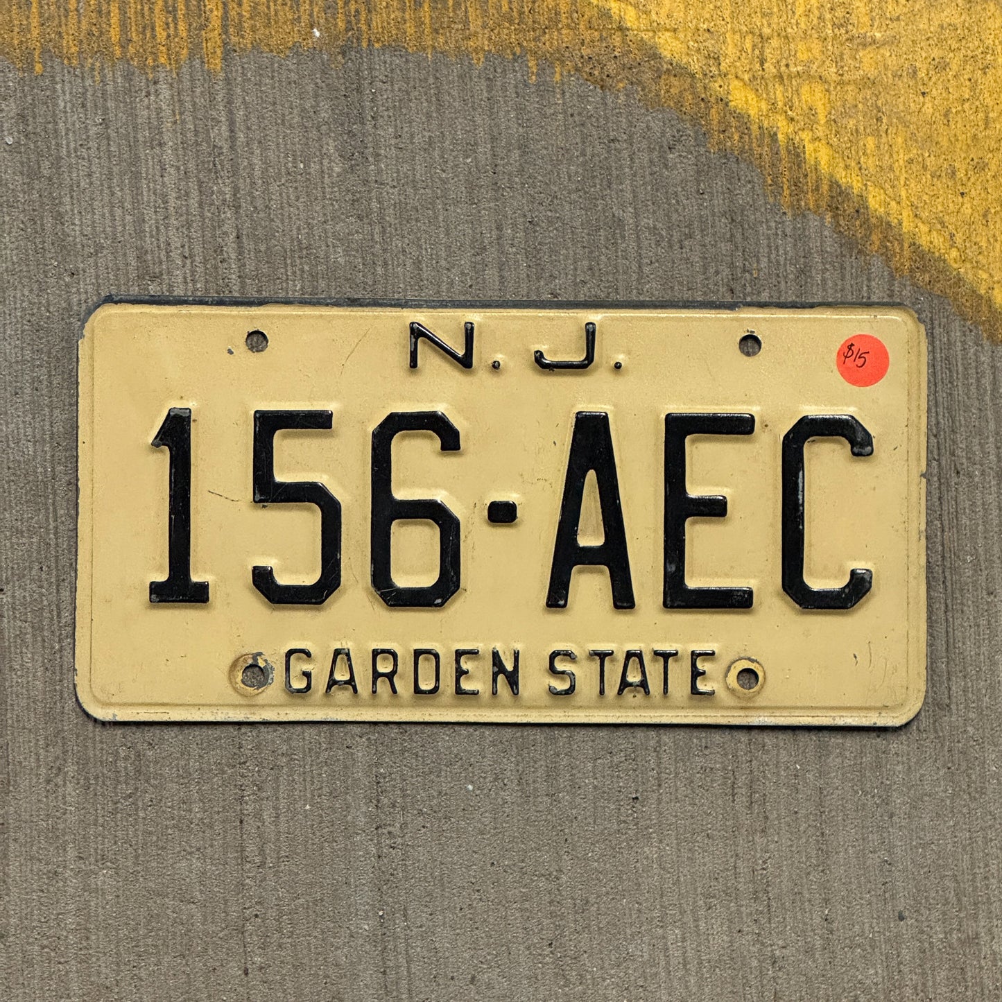 Photo of a 1979 New Jersey License Plate Auto Tag Garage Decor Vintage 156 AEC with original patina