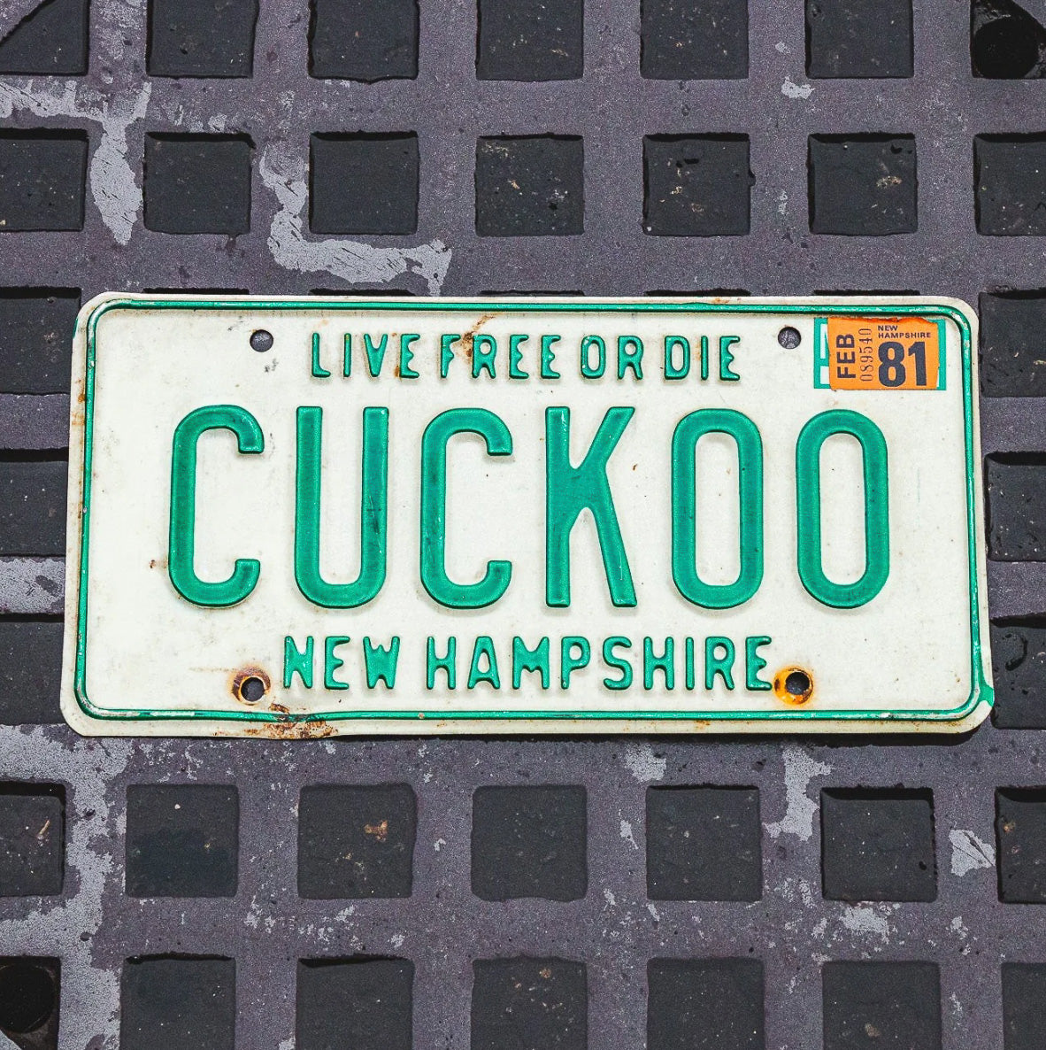 Photo of a 1980 1981 New Hampshire Vanity License Plate Auto Tag Garage Decor Vintage Crazy Bird Birding CUCKOO with original patina