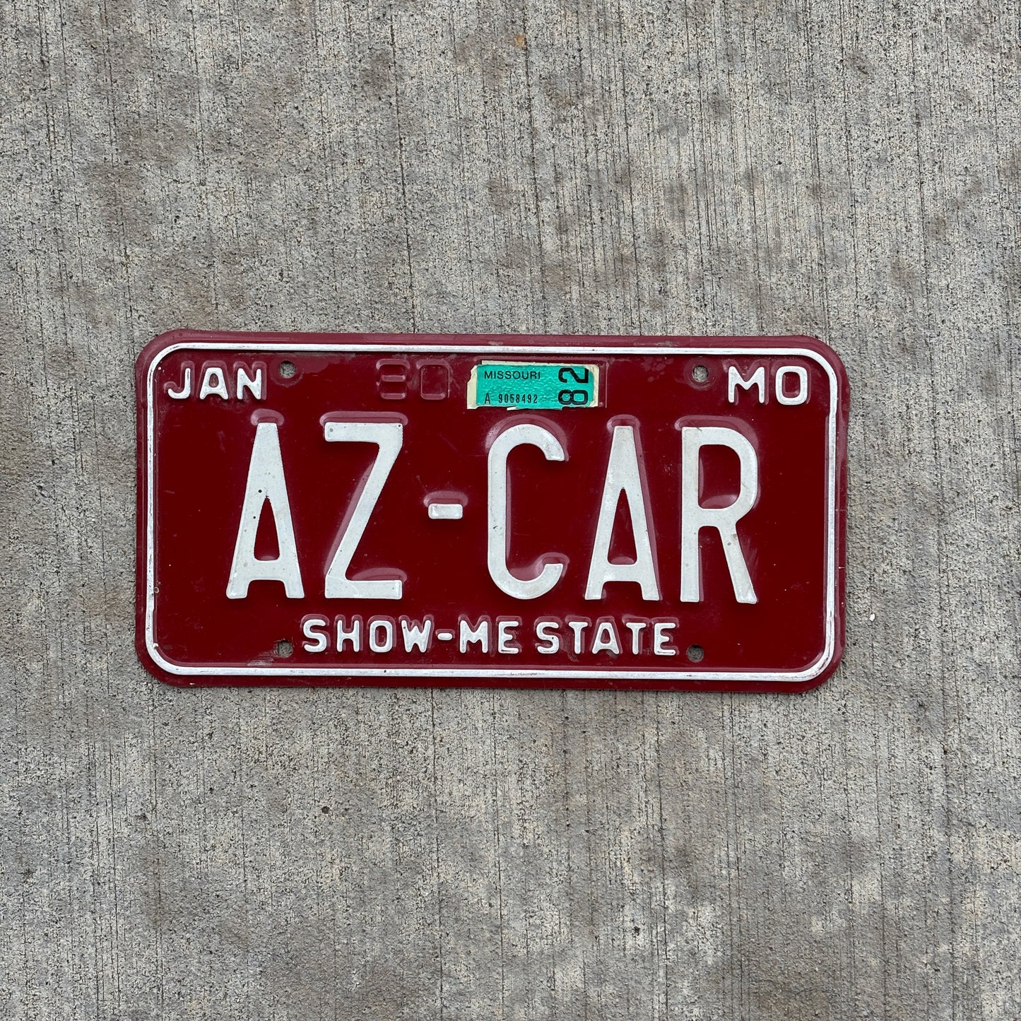 Photo of a 1980 1982 Missouri Vanity License Plate Auto Tag Garage Decor Vintage Arizona Gift AZ CAR with original patina